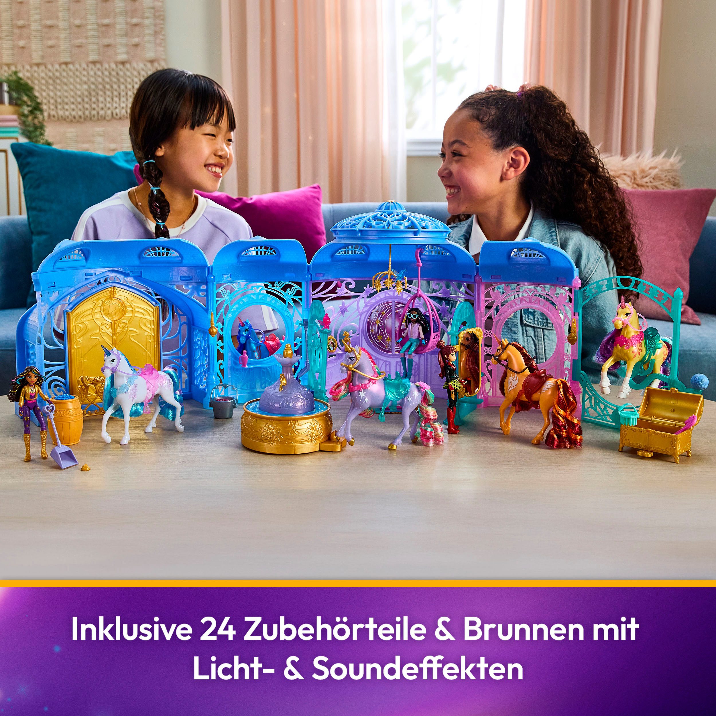 Spin Master Anziehpuppe Unicorn Academy - Stall Starglow Fountain & Stable, mit Licht und Sound