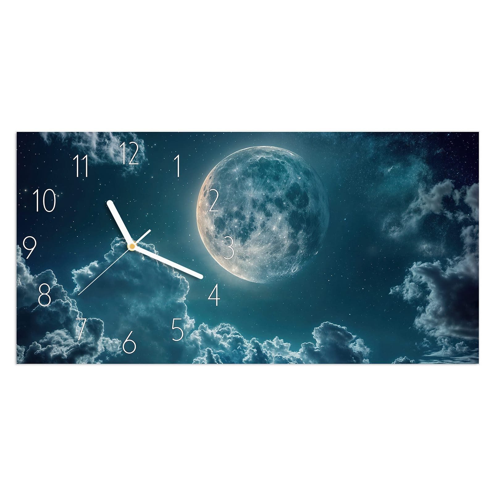 Wanduhr Glasuhr Wandkunst Größe 60 x 30 cm mit Motiv Mond über Wolken