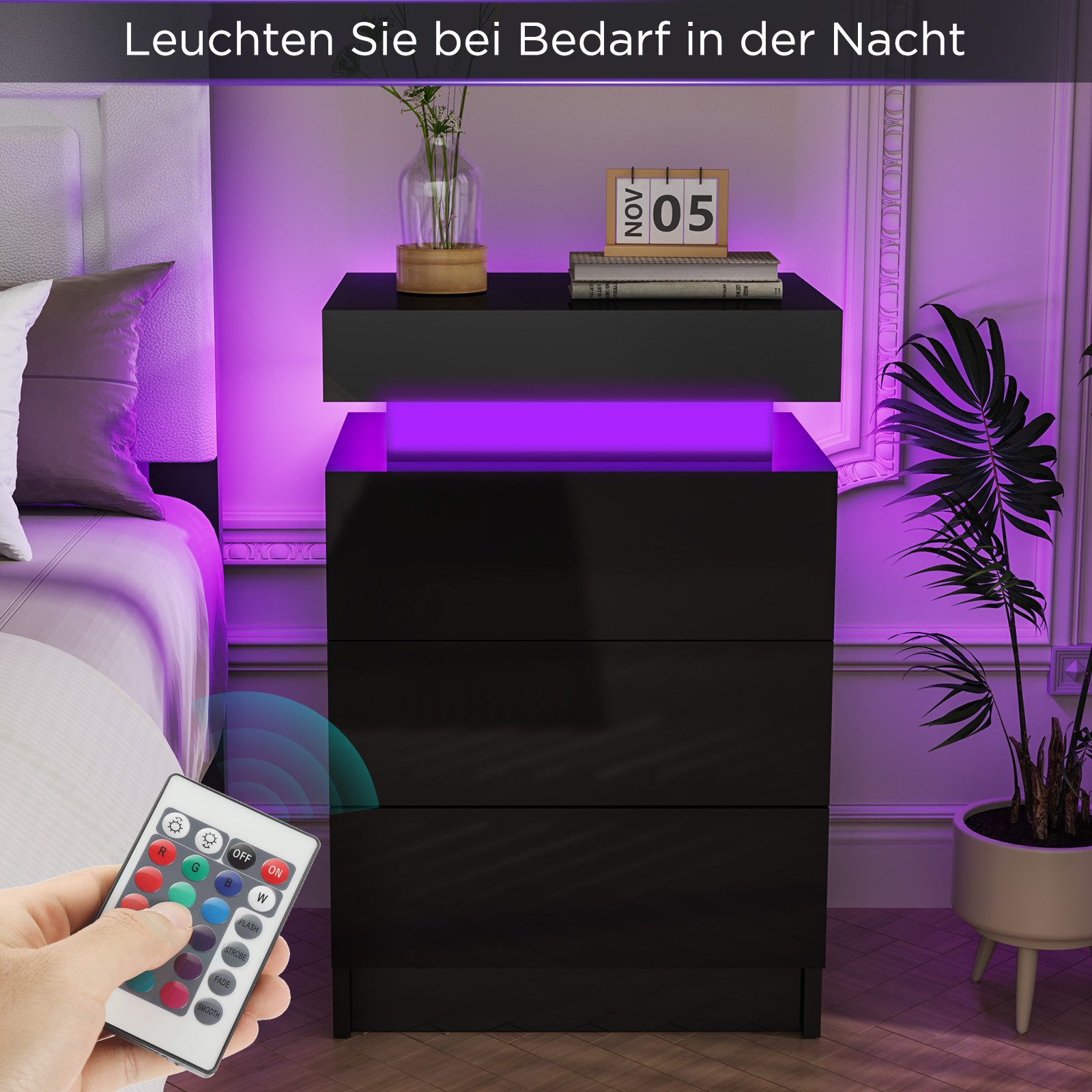 oyajia Nachttisch Hochglanz Nachtschrank mit 2 Schubladen,LED-Beleuchtung 16 Farben (Nachttisch mit LED Streifen, Beistelltisch), Nachttisch mit einstellbare Fa – Bild 4 von 5