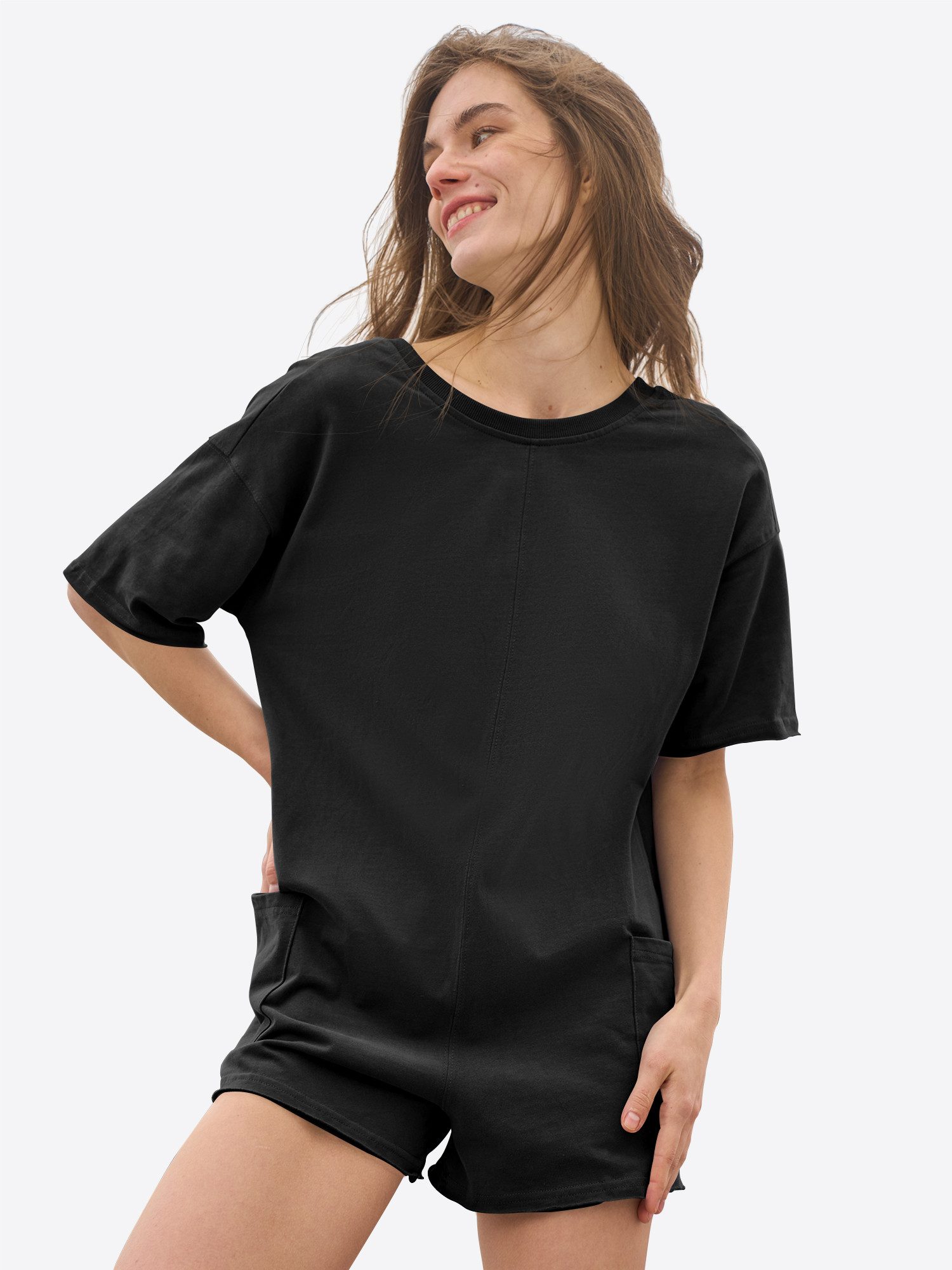 Imily Bela Jumpsuit Damen Hausanzug Rundhals Halbarm Eingrifftaschen Loose Loungewear (Packung, 1-tlg., 1per-Pack) aus Baumwolle mit Rücken-V-Ausschnitt in Unifarbe