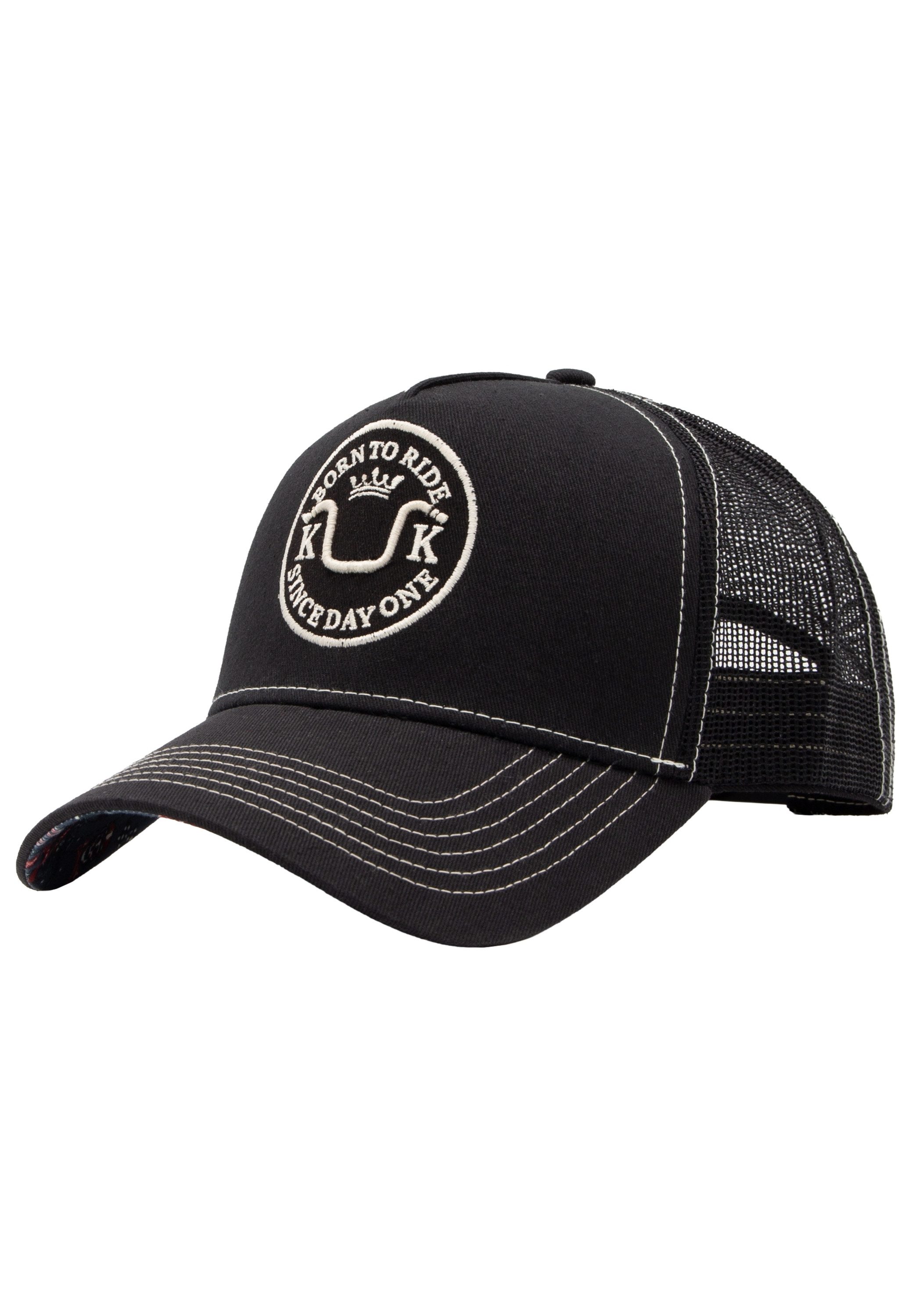 KingKerosin Trucker Cap Born to Ride Runde Stickerei mit Motorradlenker und bedruckte Schirmunterseite