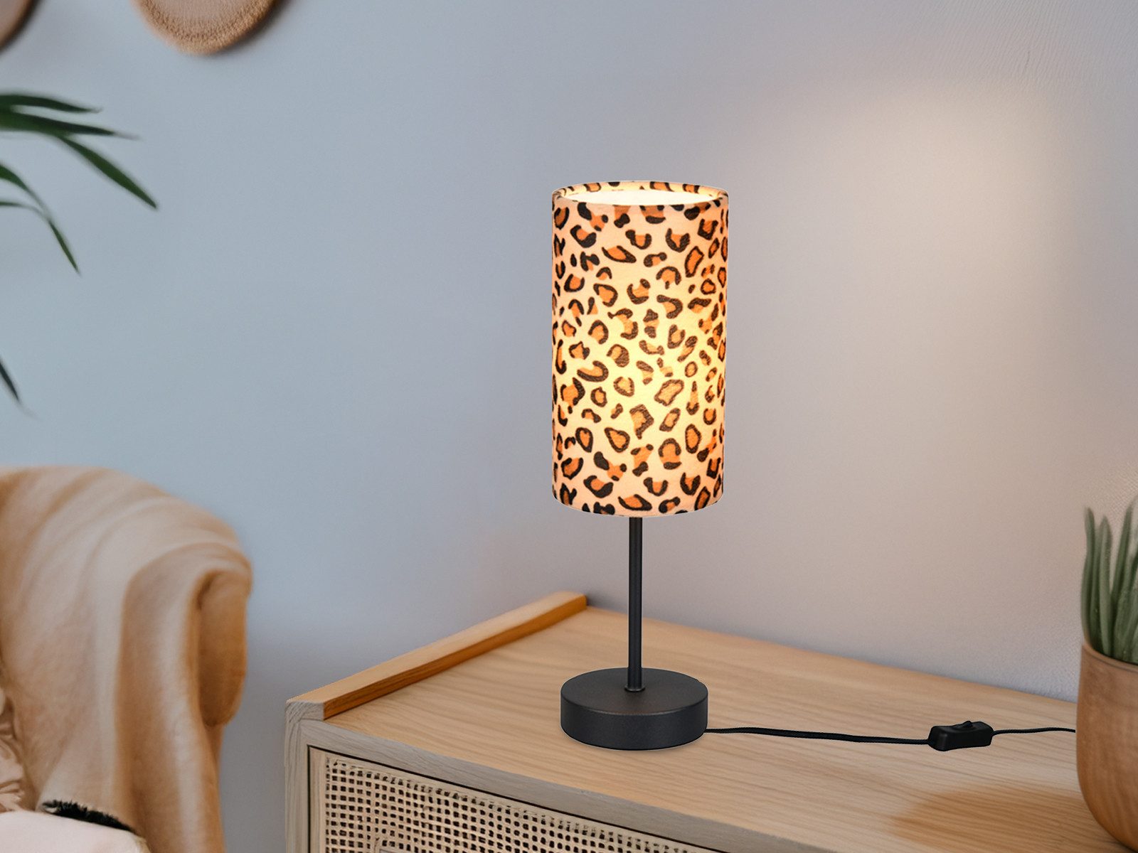 Reality Leuchten LED Nachttischlampe mit Stoffschirm Leopardenmuster H 36,5cm, Dimmfunktion, LED wechselbar, warmweiß, ausgefallen-e coole besondere Tischlampe Fensterbank Jugendzimmer