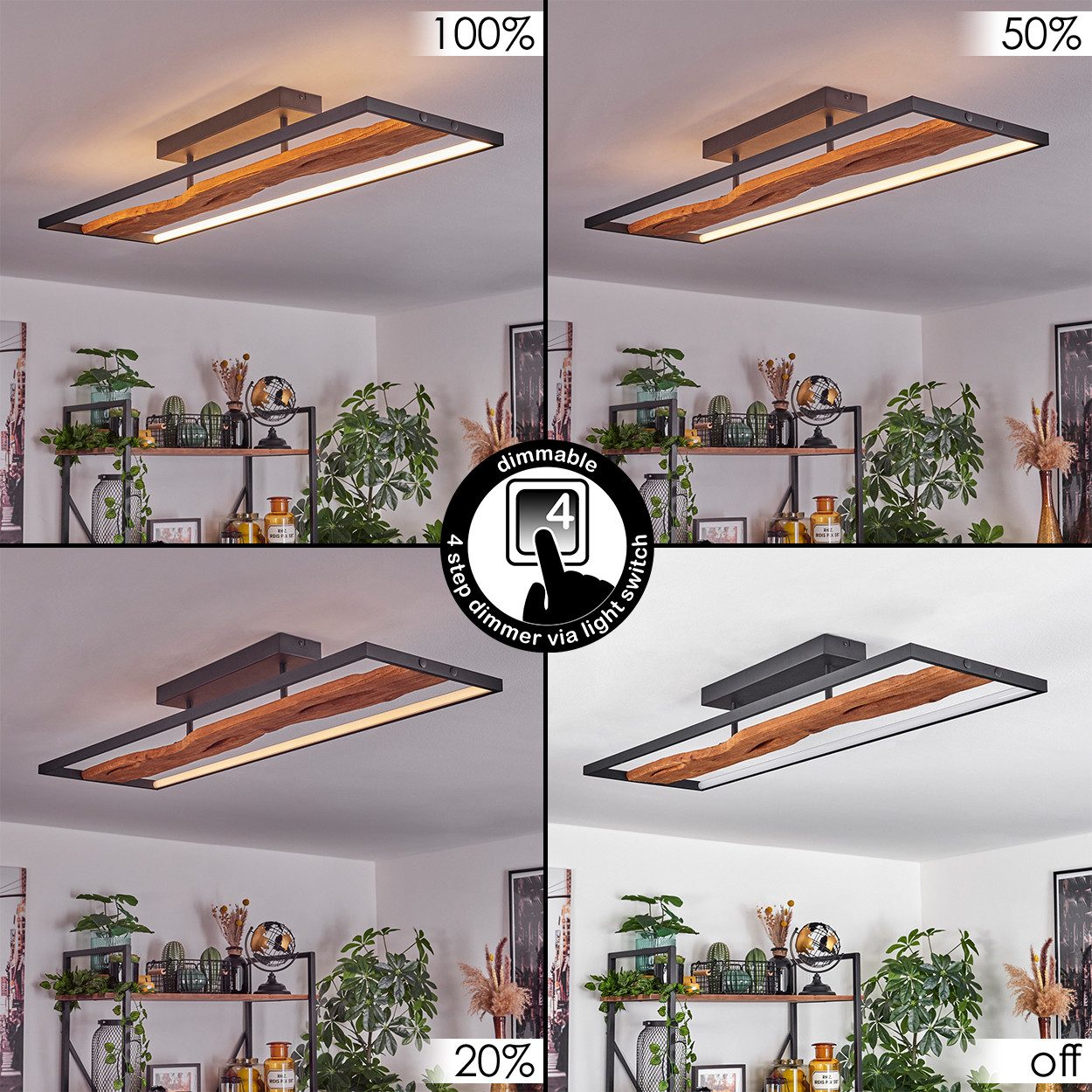 hofstein Deckenleuchte dimmbare Deckenlampe aus Metall/Holz/Kunststoff in Schwarz/Natur/Weiß, 3000 Kelvin, 6600 Lumen, LED 48 Watt, dimmbar über Lichtschalter