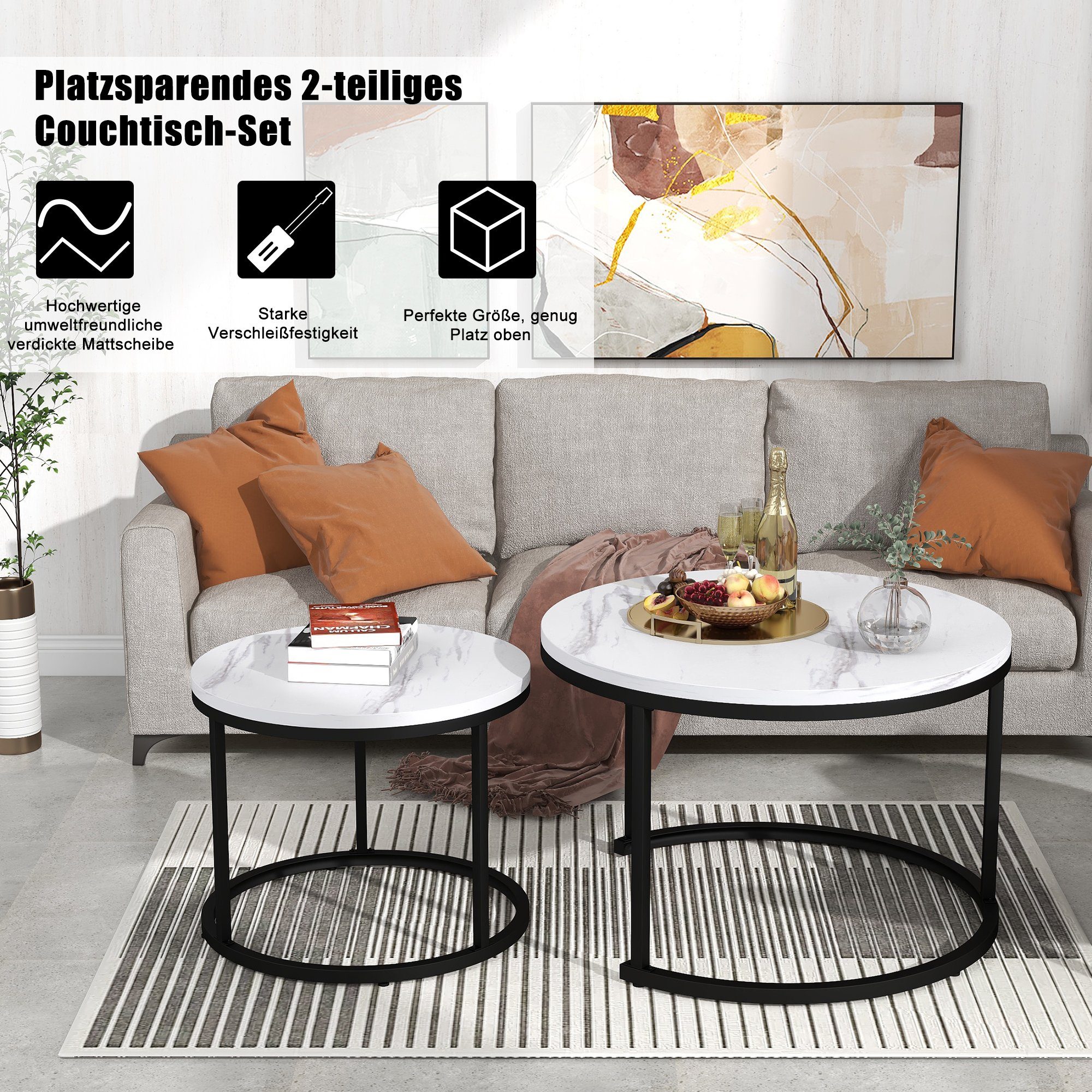 Merax Couchtisch Set rund Satztisch Wohnzimmertisch 1,5 cm Platte, Marmoroptik, 2er Set, Satztisch Wohnzimmertisch, Industrial – Bild 5 von 5