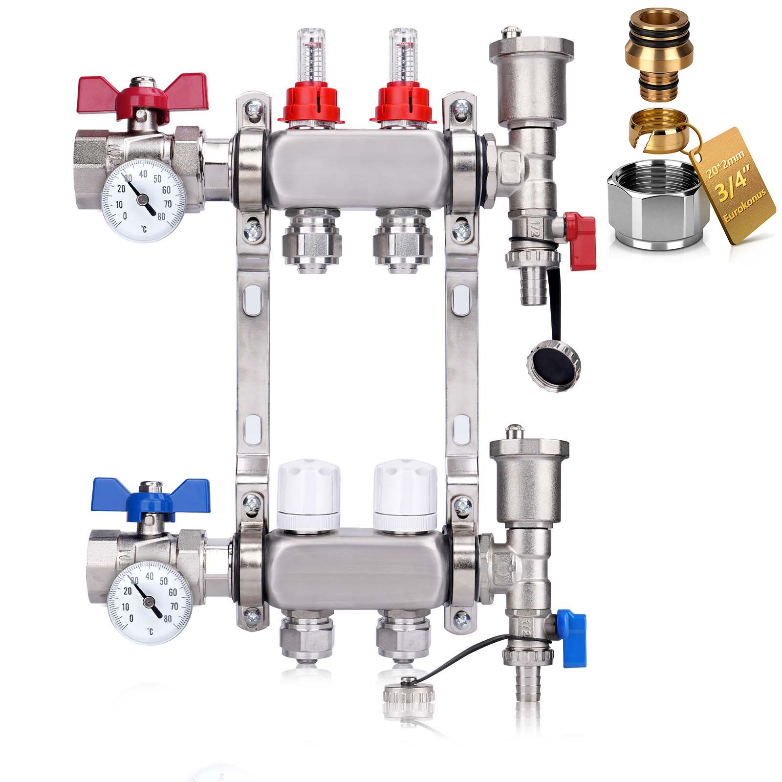 XERSEK Warmwasserfußbodenheizungen 2-13 Fach Heizkreisverteiler, Verteiler Fußbodenheizung Heizkreis, (mit 20x2 mm Klemmringverschraubung, Durchflussmesser, Eurokonus 3/4), 15 Jahre Lebensdauer, schnelle Montage, perfekt zu PEX/PE-RT Rohren