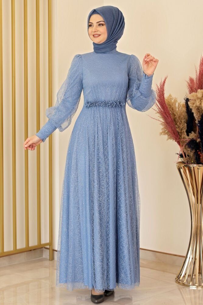 Modavitrini Abendkleid silbriges Tüllkleid Abiye Abaya Hijab Kleid langärmliges Maxikleid Indigo-Blau