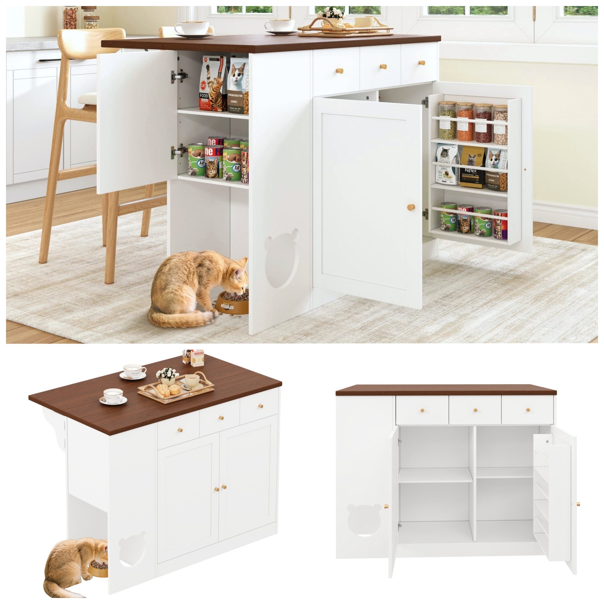 KEFEYA Kücheninsel mit ausziehbarer Arbeitsplatte & 3 Schubladen, (Küchenwagen mit Katzenfutterplatz, Sideboard für Küche & Esszimmer, ideal für Katzenhalter)