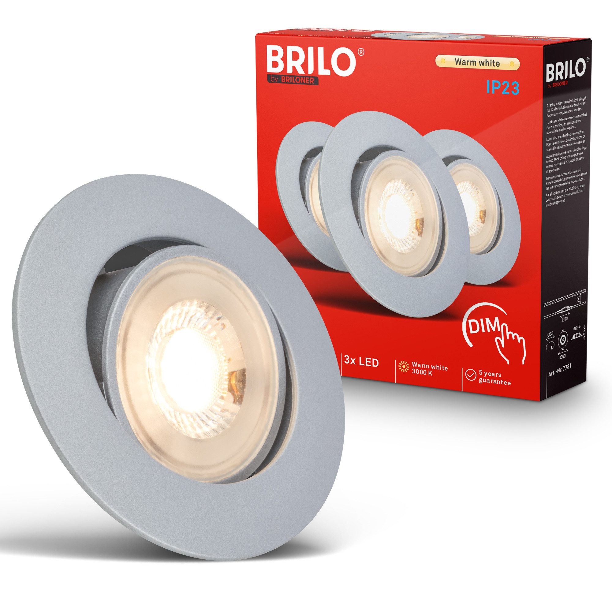Briloner Leuchten LED Einbauleuchte Einbaustrahler 3er Set Dimmbar Schwenkbar, Dimmbar, LED fest integriert, Warmweiß, 90x24 mm, Wohnzimmer, Flur