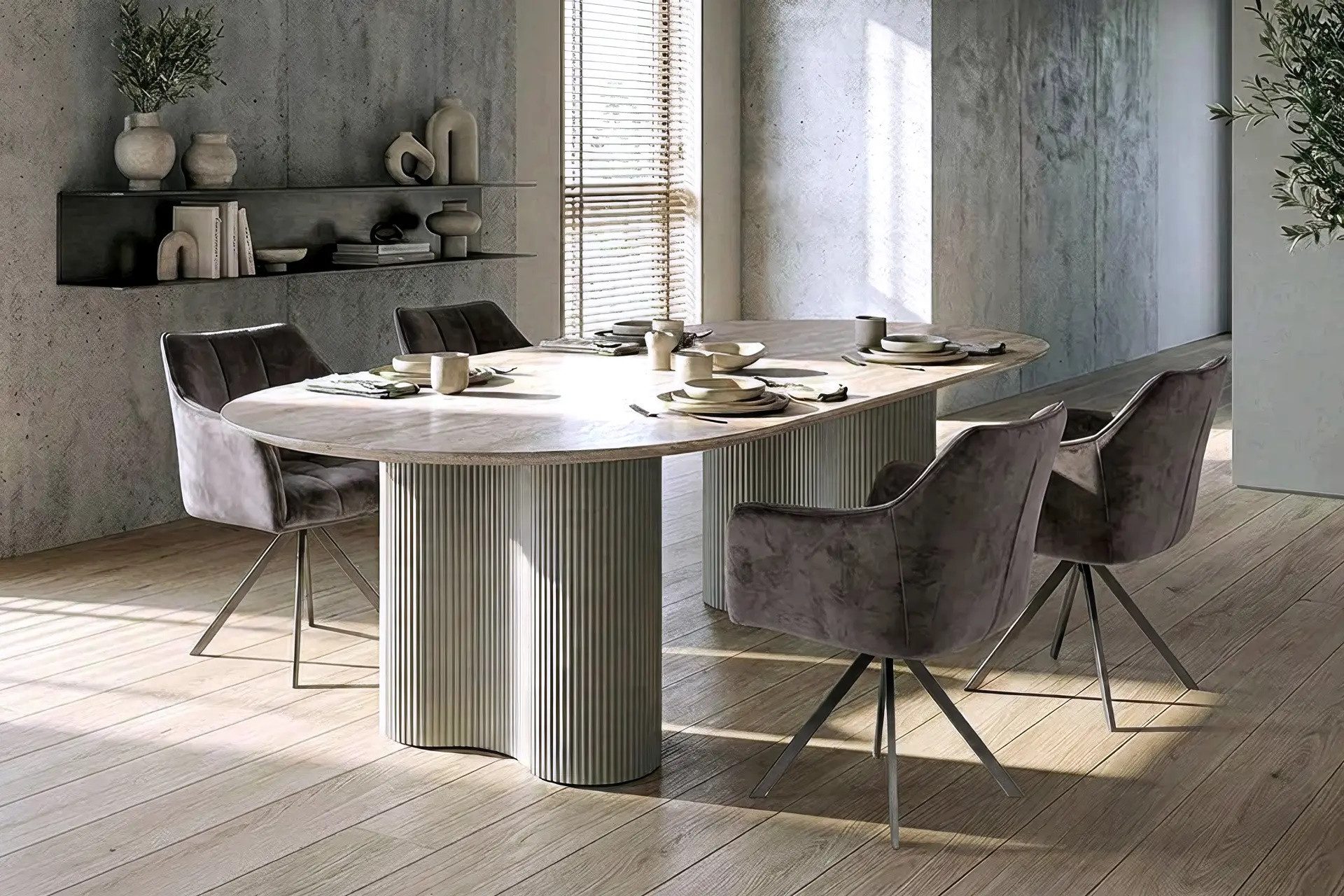 Vintagehaus Essgruppe Bari 180 Travertin Metall + 4 Stühle Raster