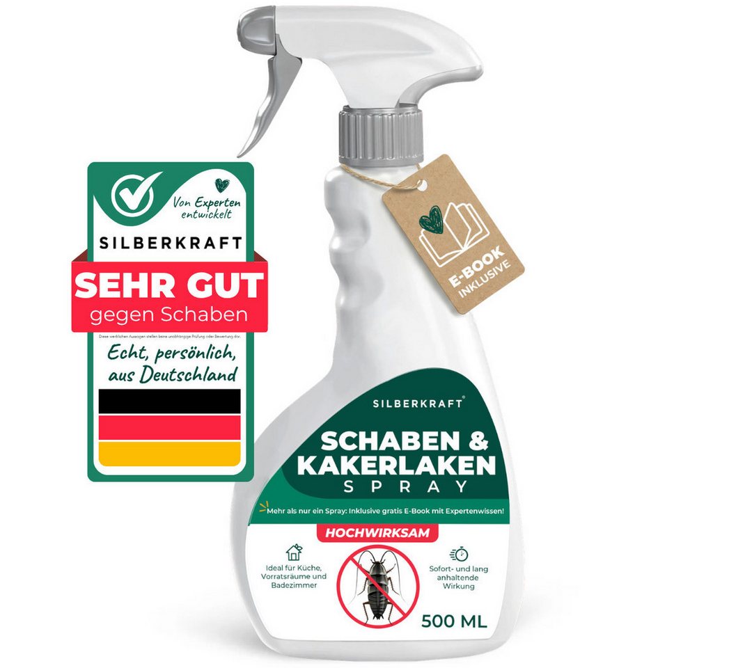 Silberkraft Insektenspray Schabenspray 500ml inkl. E-Book per QR-Code, Effektive Abwehr für ein schabenfreies Zuhause, 1-St., Schabenmittel & Kakerlakenspray gegen Schaben & Kakerlaken im Haus, Anti Schaben Spray mit Langzeitwirkung für Küche & Bad + E-Book