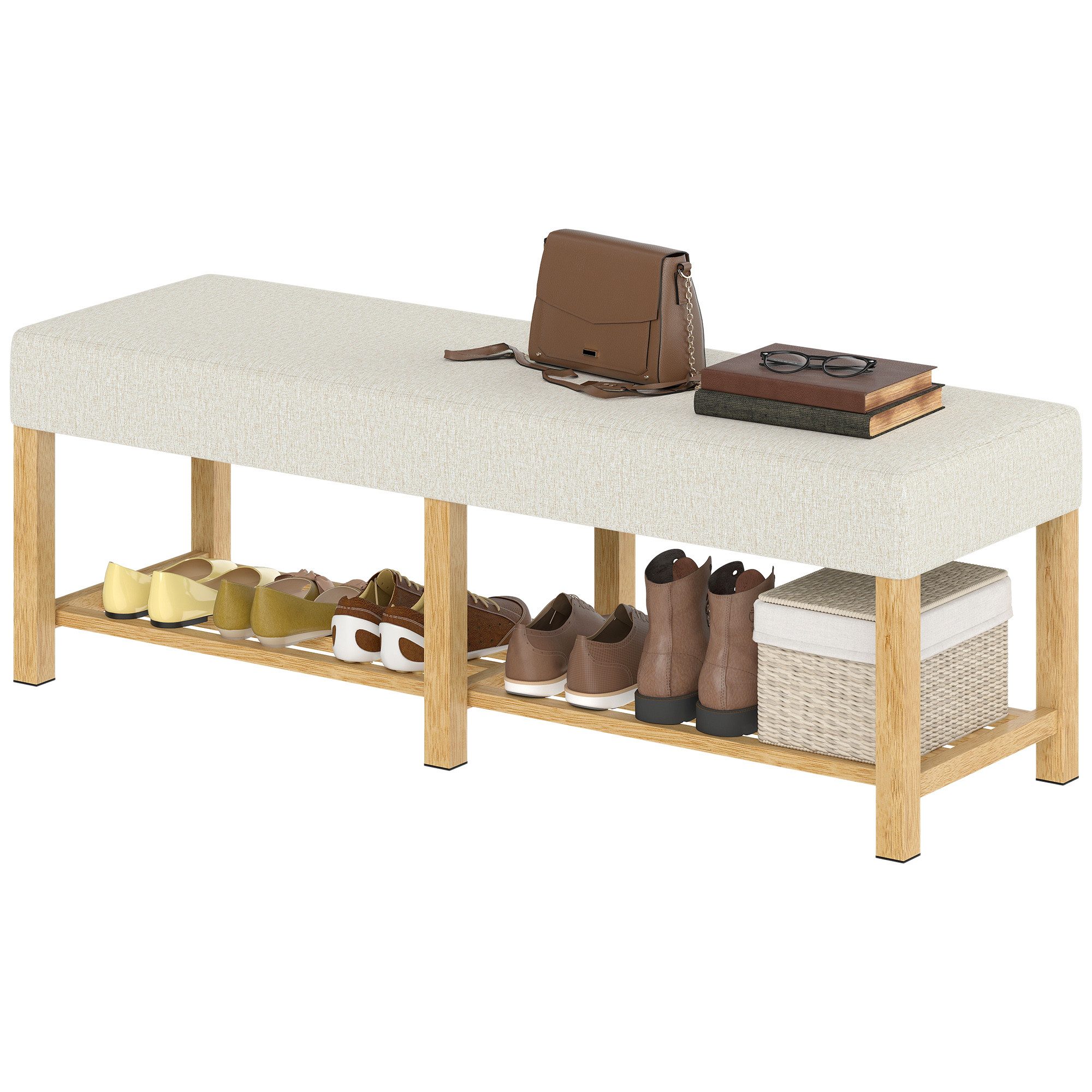 MODFU Schuhbank aus Holz mit Polstersitz, Flurbank 140 x 44 x 48 cm (Packung, 1-St., Naturholz Flurmöbel, stabile Bank für Eingangsbereich und Diele), Sitzbank für 2 Personen, gepolsterte Sitzfläche in Cremeweiß