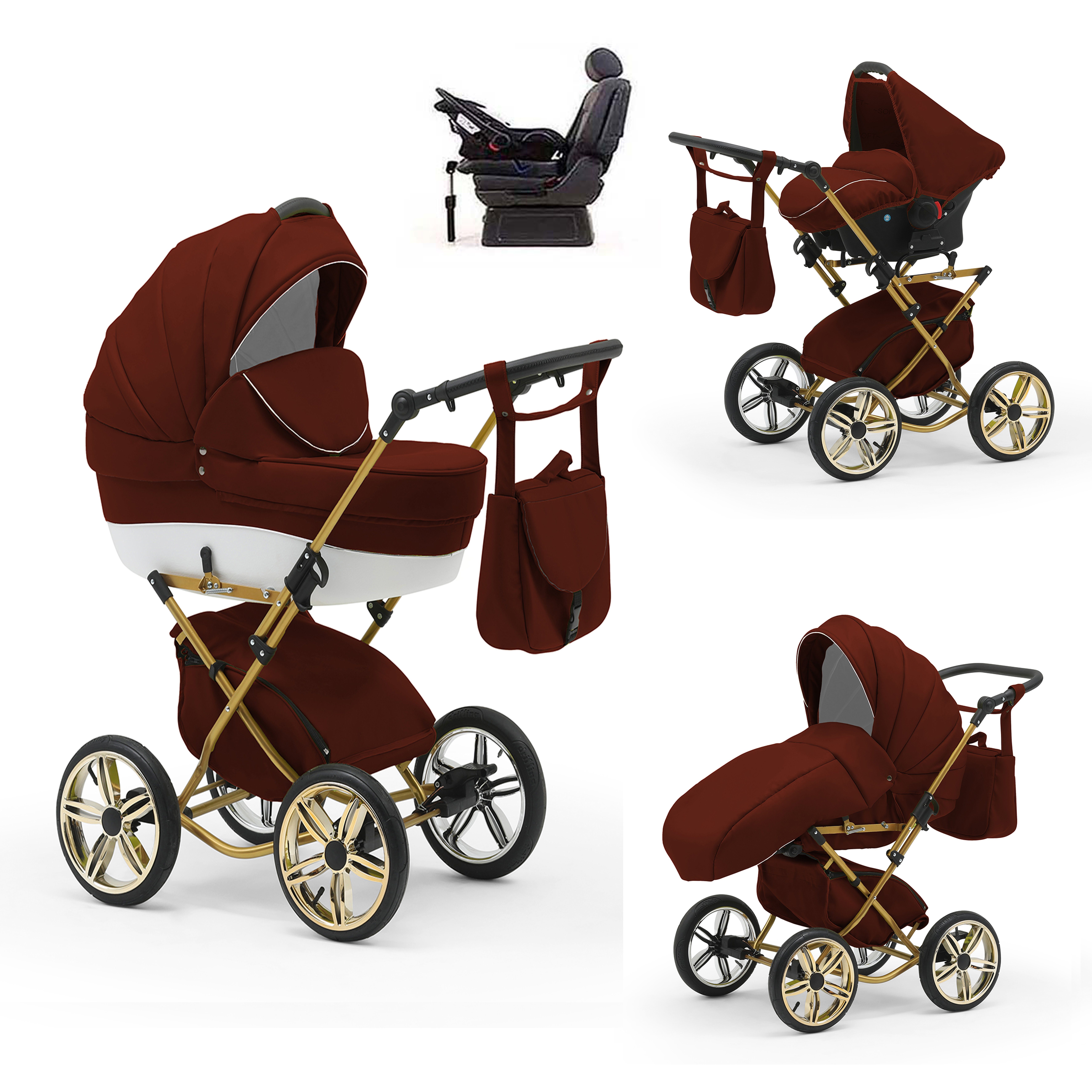 babies-on-wheels Kombi-Kinderwagen Sorento 4 in 1 inkl. Autositz und Iso Base - 14 Teile - in 10 Designs Bordeaux-Weiß