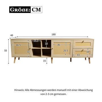 Merax Lowboard mit Schubladen und offenen Fächer, TV-Board mit Türen, Rattangeflecht, TV-Schrank Landhaus, B:180cm