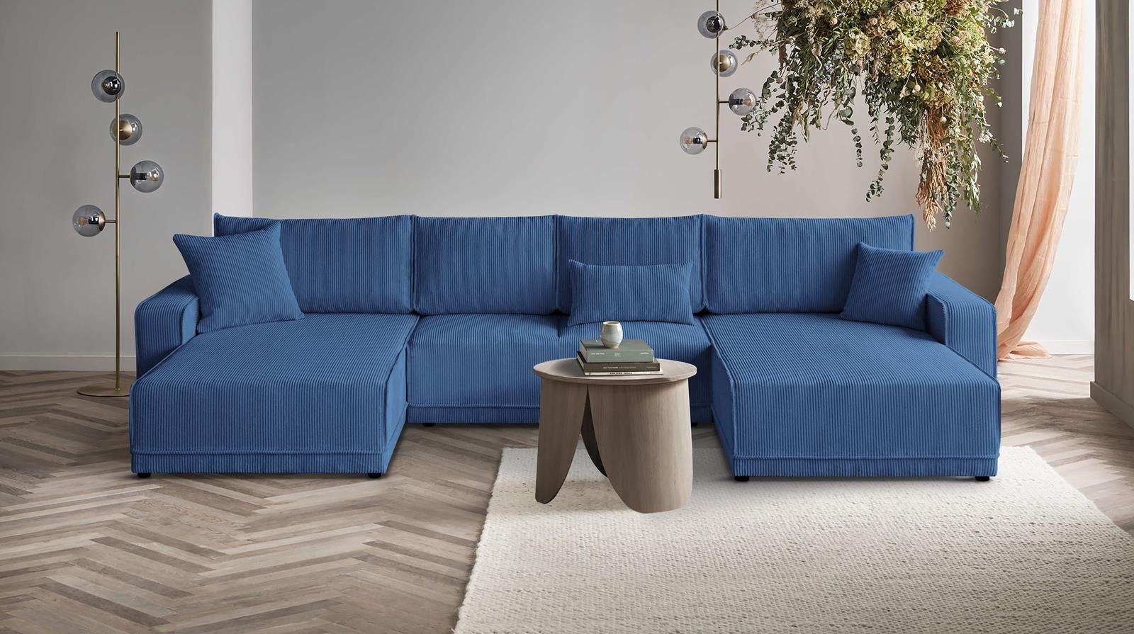 Beautysofa Ecksofa Primo U, U-Form Polsterecke für Wohnzimmer, Eckcouch aus Cordstoff, mit Schlaffunktion und Bettkasten Blau (poso 05)