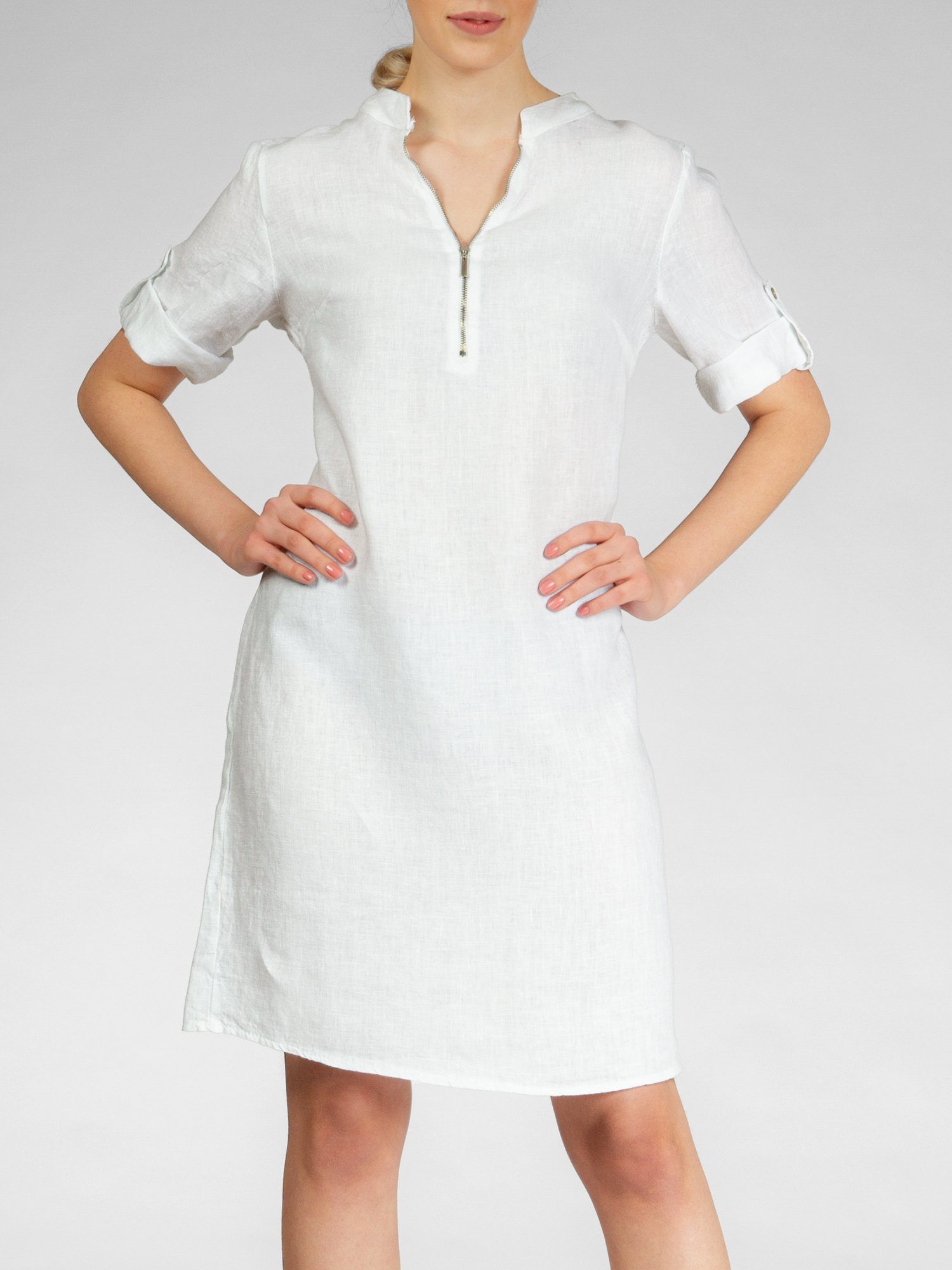 Caspar Sommerkleid SKL037 knielanges Damen Leinenkleid mit Reißverschluss Ausschnitt Luftig leicht, figurumspielende Form, mit seitlichem Jersey-Einsatz