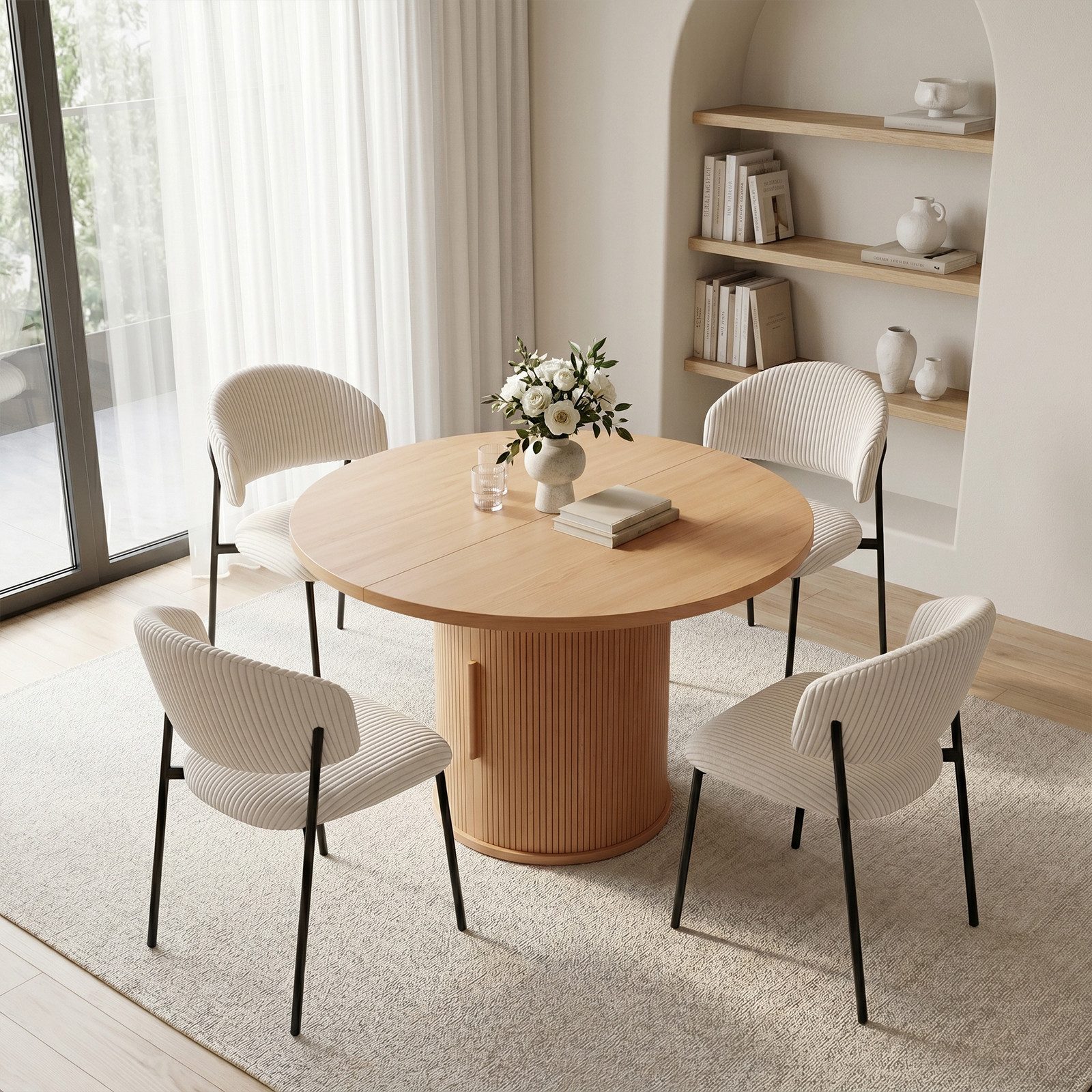 Jiexi Essgruppe Essgruppe rund Ø110cm MDF Eiche mit Stauraum & Cord-Stühlen