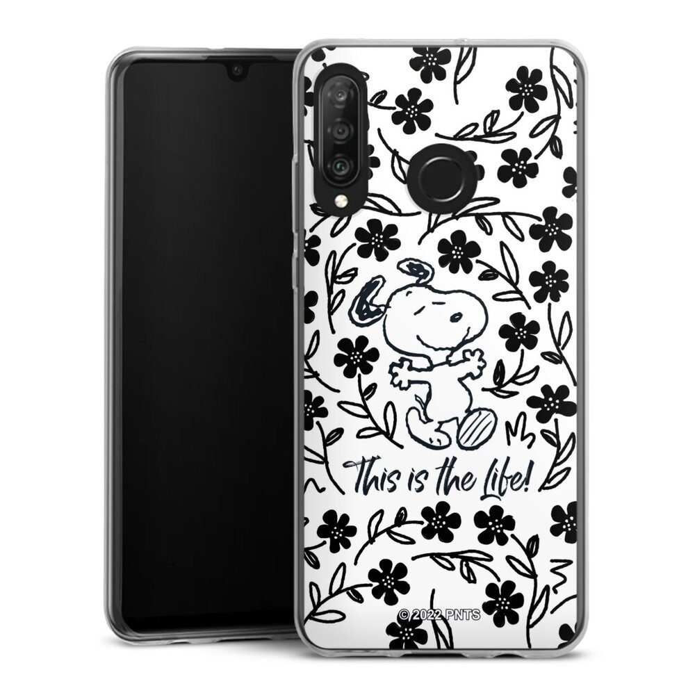 DeinDesign Handyhülle Peanuts Blumen Snoopy Snoopy Black and White This Is The Life, Huawei P30 Lite Premium Slim Case Silikon Hülle Ultra Dünn Schutzhülle