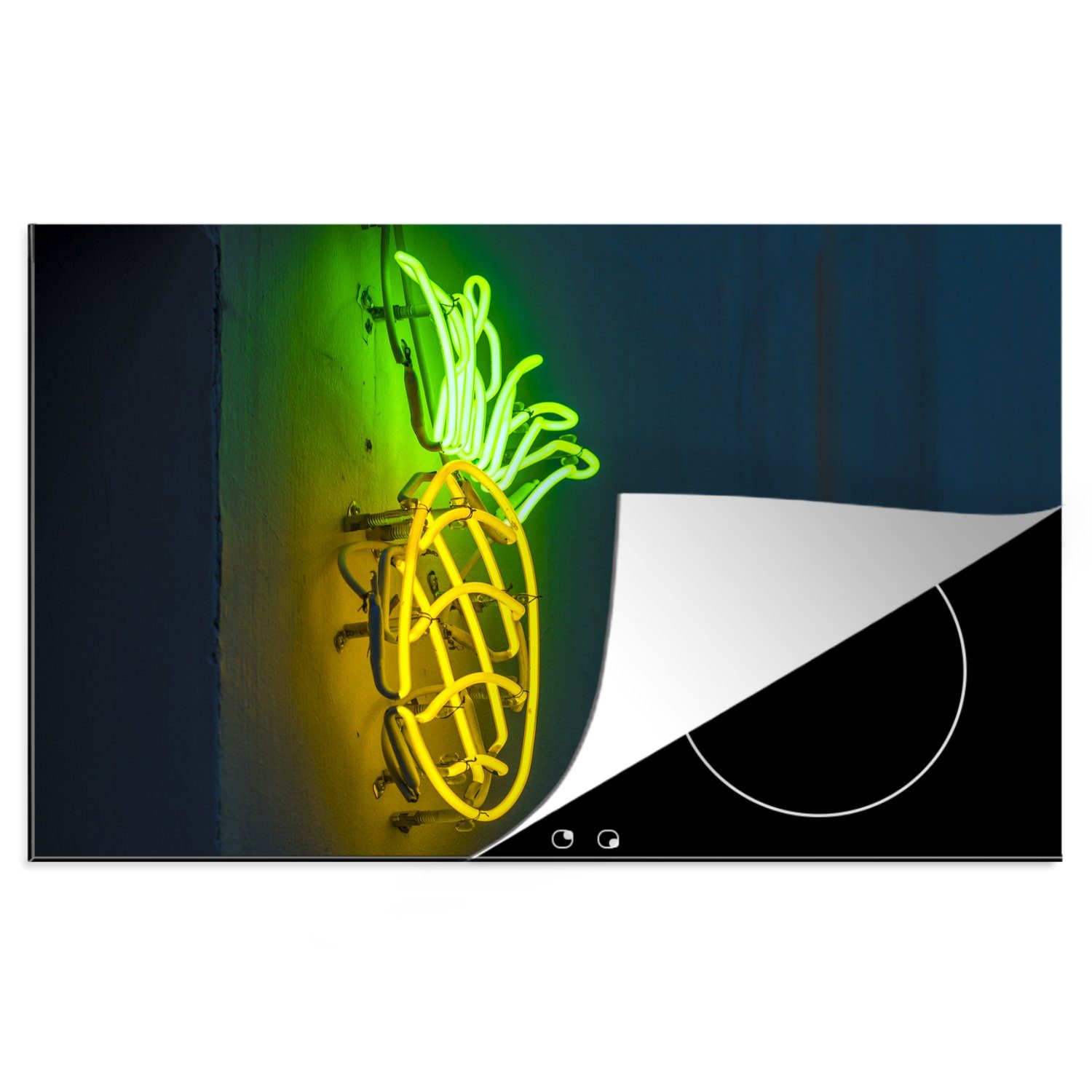 MuchoWow Herdblende-/Abdeckplatte Ananas - Neon - Lampe, Vinyl, (1 tlg), 81x52 cm, Induktionskochfeld Schutz für die küche, Ceranfeldabdeckung