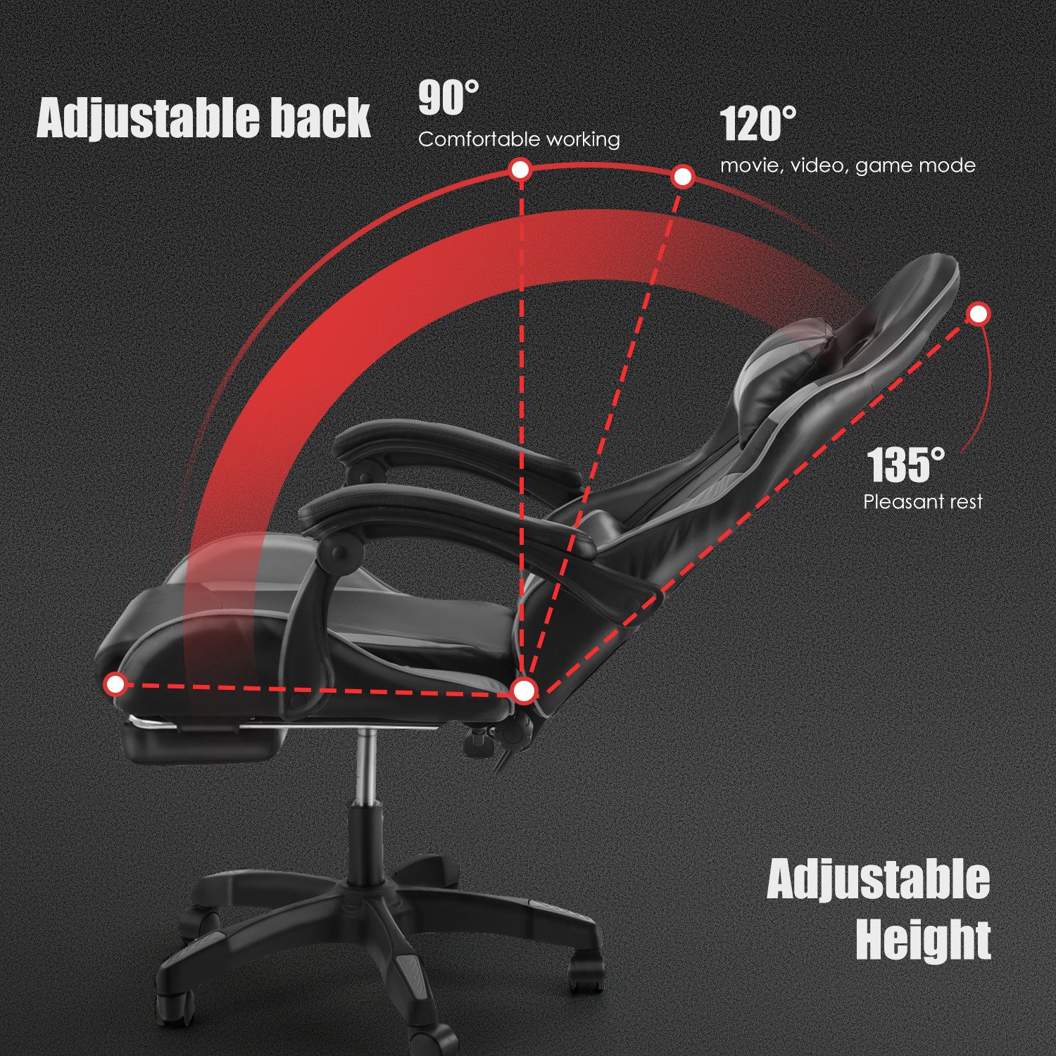 oyajia Gaming-Stuhl Ergonomischer Gaming Sessel mit Fußstütze und Kopfstütze Atmungsaktiv, mit abnehmbarem Kopfkissen, maximale Belastbarkeit 150 kg – Bild 5 von 5
