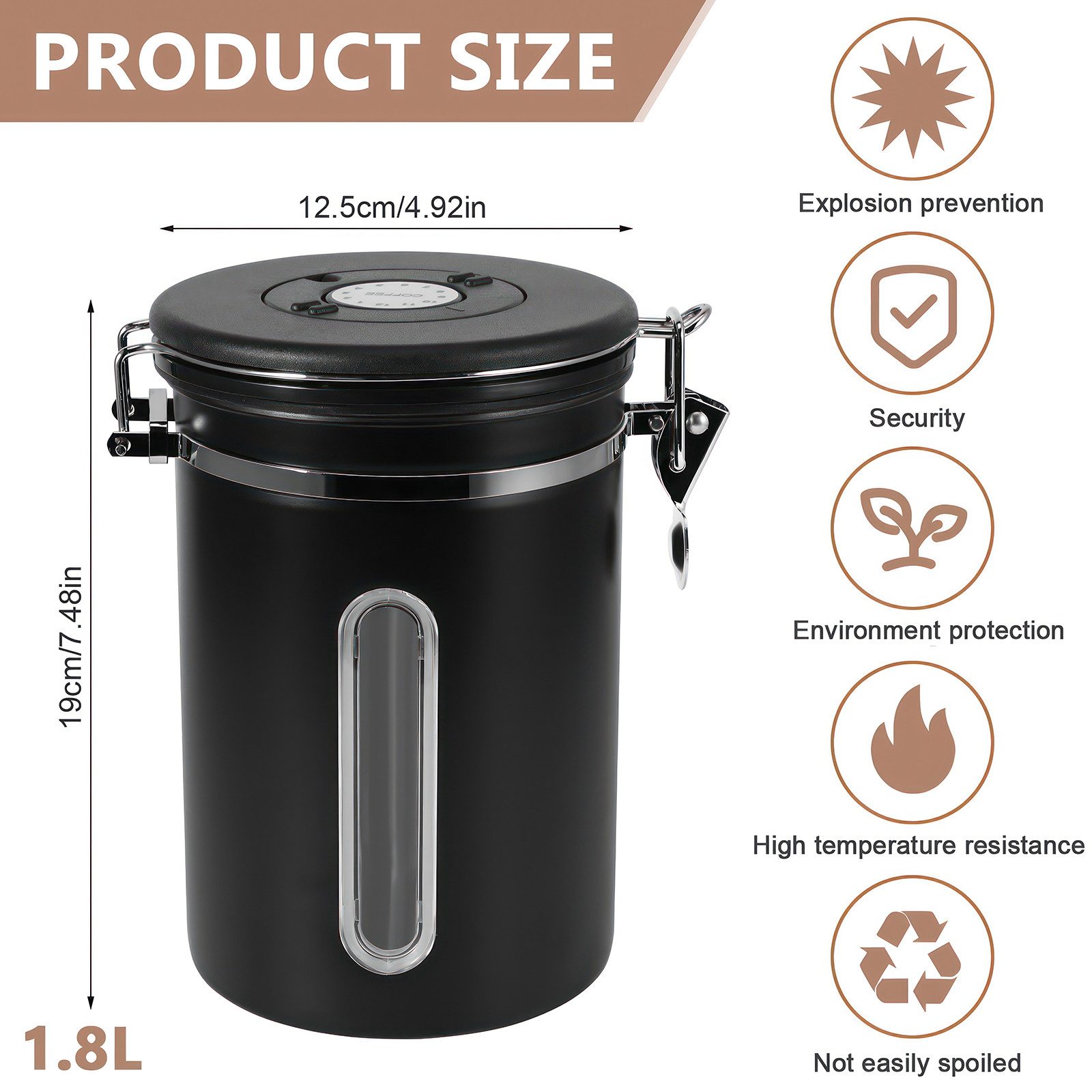 BlingBin Kaffeedose 1,8/2,8L Edelstahl Kaffeebohnen Vorratsdose,Luftdichte Kaffeebehälter, Edelstahl, (1er Set, 1-tlg., 12.5*19cm), Kaffeedose mit CO2-Ventil, Messlöffel & Datumsanzeige für Nüsse Kakao