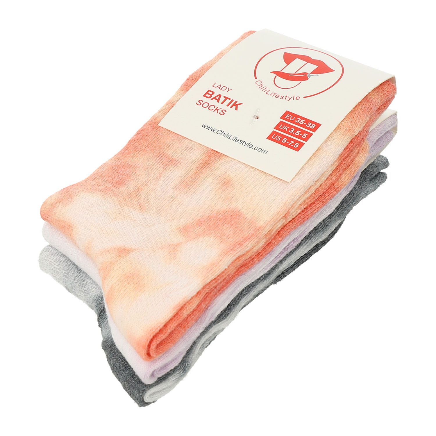 Chili Lifestyle Freizeitsocken BATIK Socken für Damen aus Baumwolle in aprikot, lila, grau (Multipack, 3-Paar, 3 Farbdesigns) Weichbund ohne Gummidruck