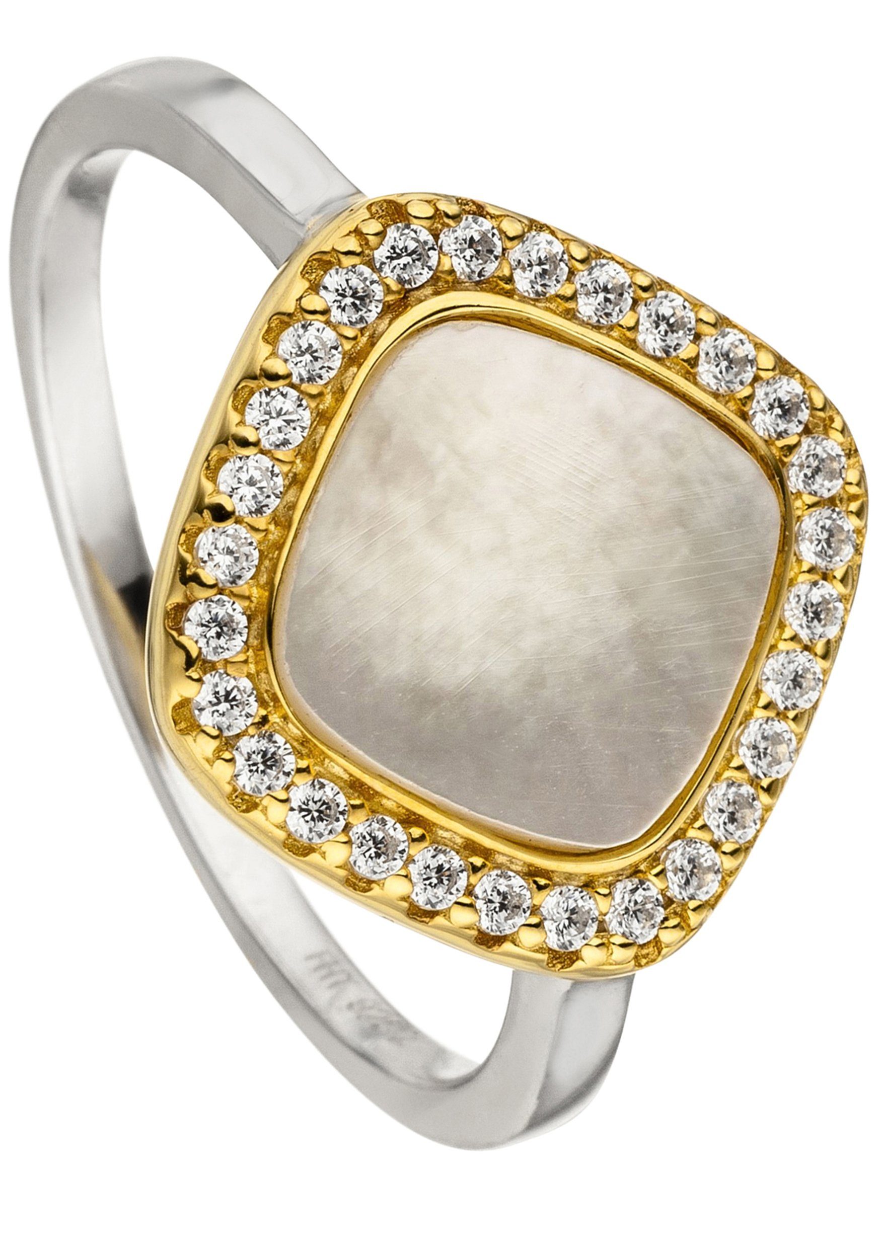 JOBO Silberring Ring Perlmuttring, 925 Silber bicolor vergoldet mit Perlmutt und 28 Zirkonia
