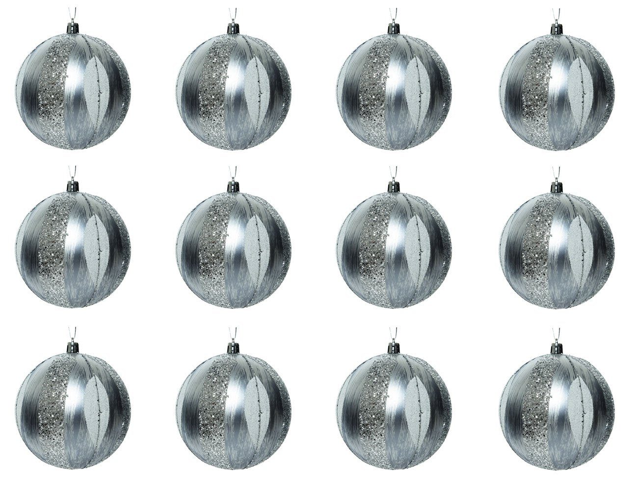 Decoris season decorations Christbaumschmuck, Weihnachtskugeln Kunststoff mit Motiv 10cm silber, 12er Set