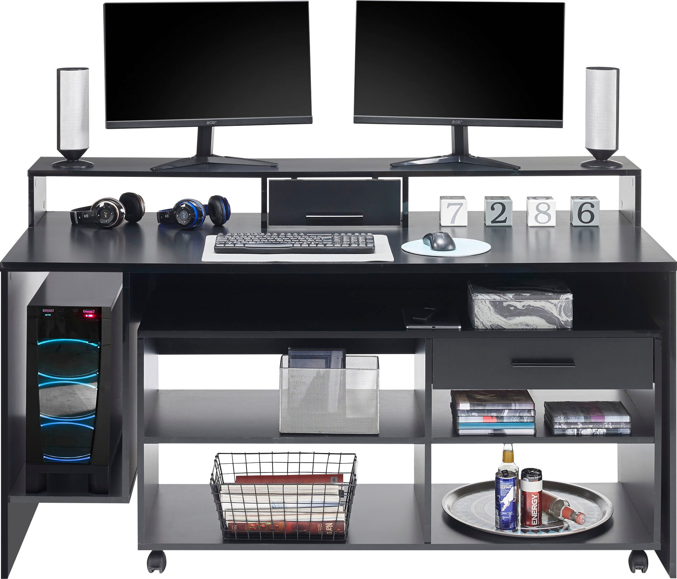Schwarz Farbwechsel, BEGA RGB-LED OFFICE Highscore, Computertisch Gamingtisch Rollcontainer mit inkl.