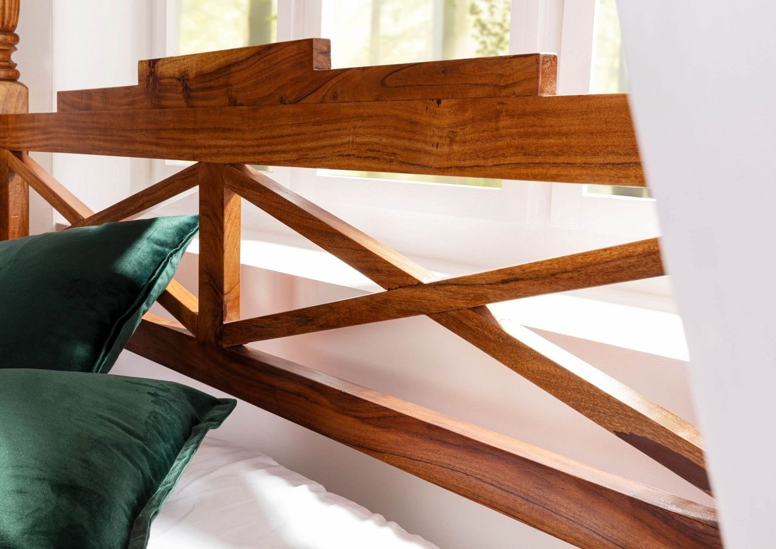 Massivmoebel24 Massivholzbett (Himmelbett Akazie 140x200x224 honig lackiert OXFORD #0244), Himmelbett Akazie 140x200x224 honig lackiert OXFORD #0244