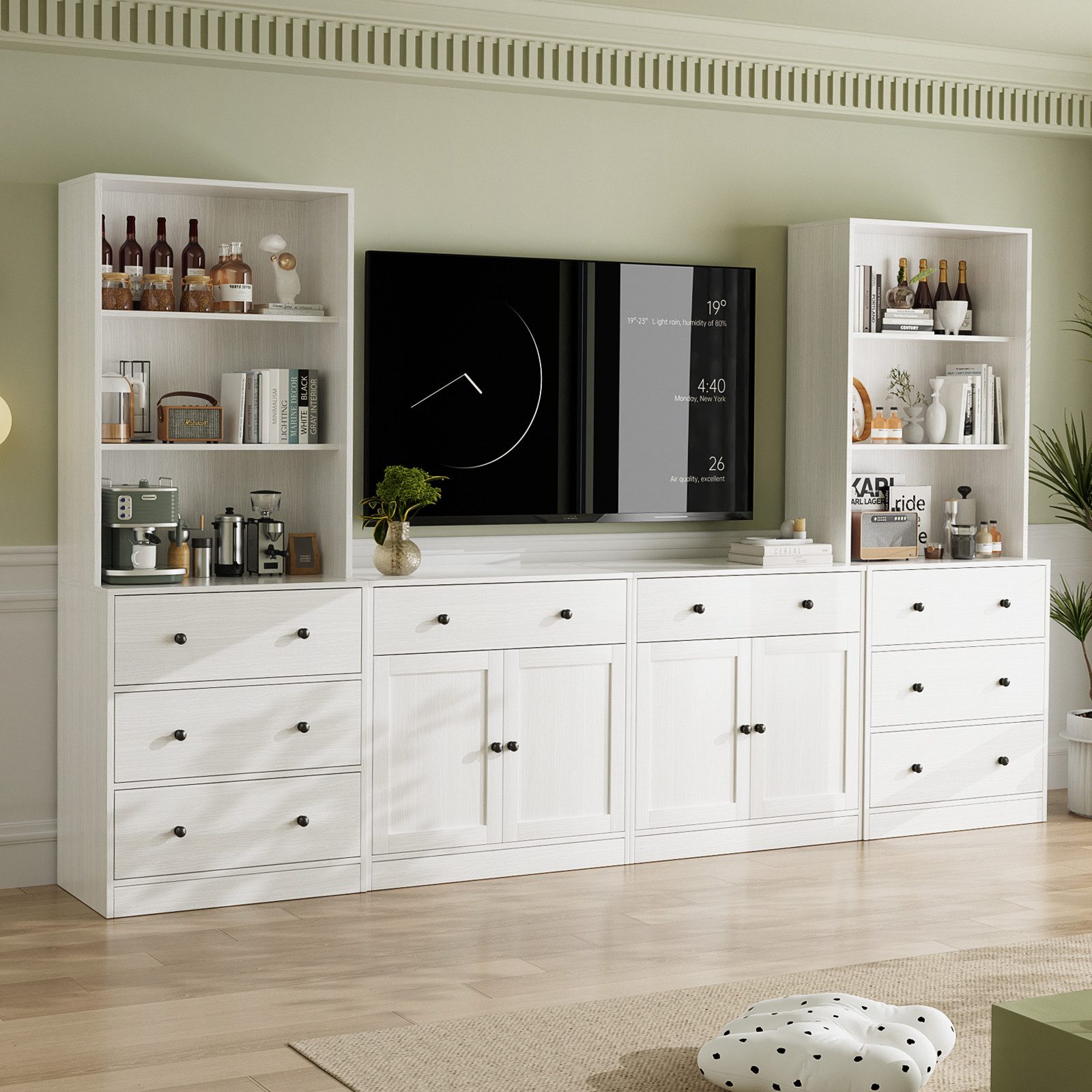 VOWNER TV-Schrank mit Bücherregalen für Fernseher bis zu 70 Zoll, 280 cm TV-Ständer (4-St) Wohnzimmer-Fernsehschrank mit gehärteten Glastüren und Einlegeböden