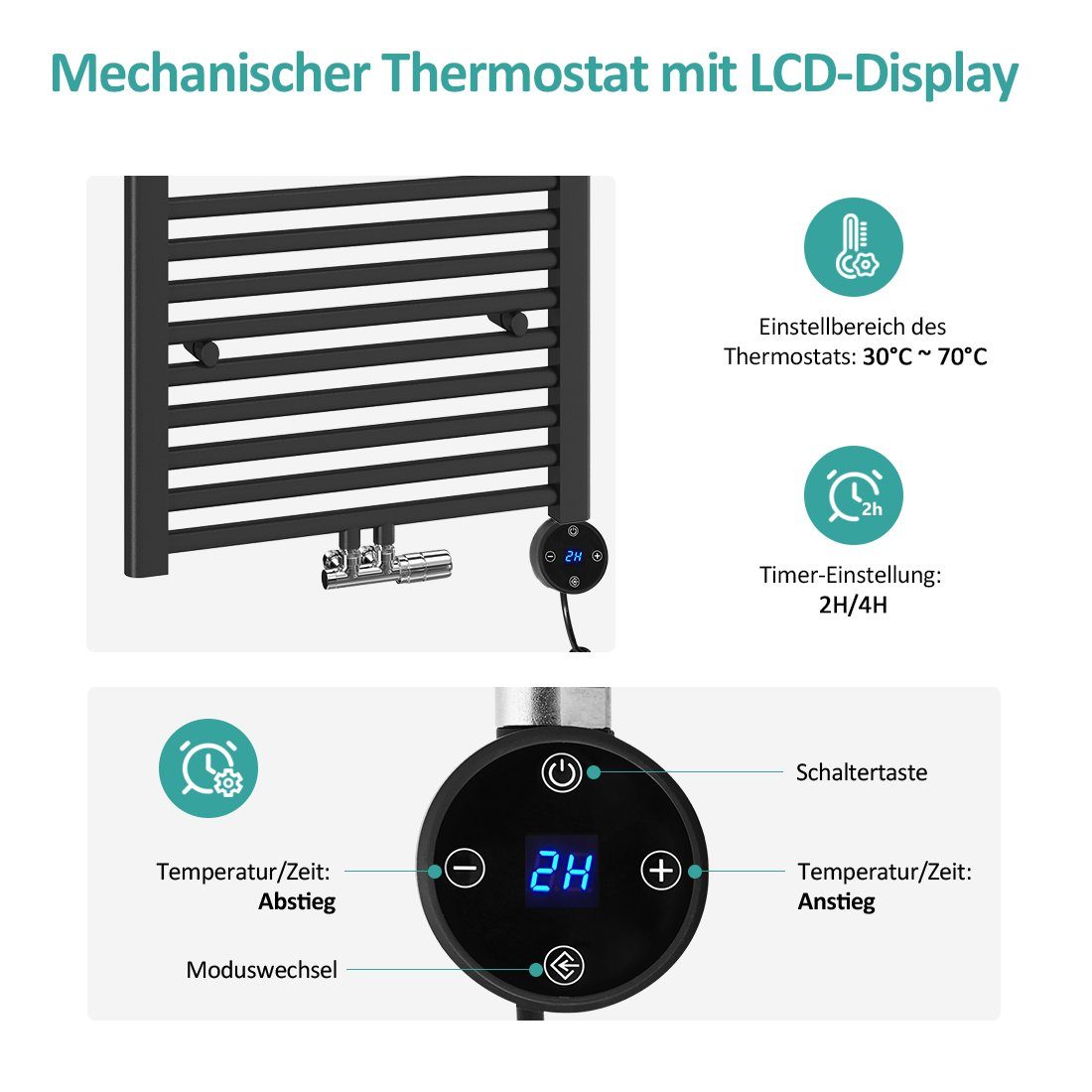 EMKE Heizstab EMKE Heizstab Schwarz Thermostat mit für Badheizkörper Heizpatrone