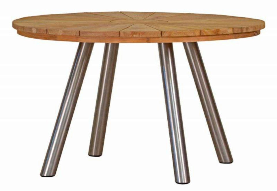 Kai Wiechmann Gartentisch Premium Edelstahl Teakholztisch rund 130 cm als moderner Esstisch, wetterfester & unbehandelter Teak Edelstahl Tisch