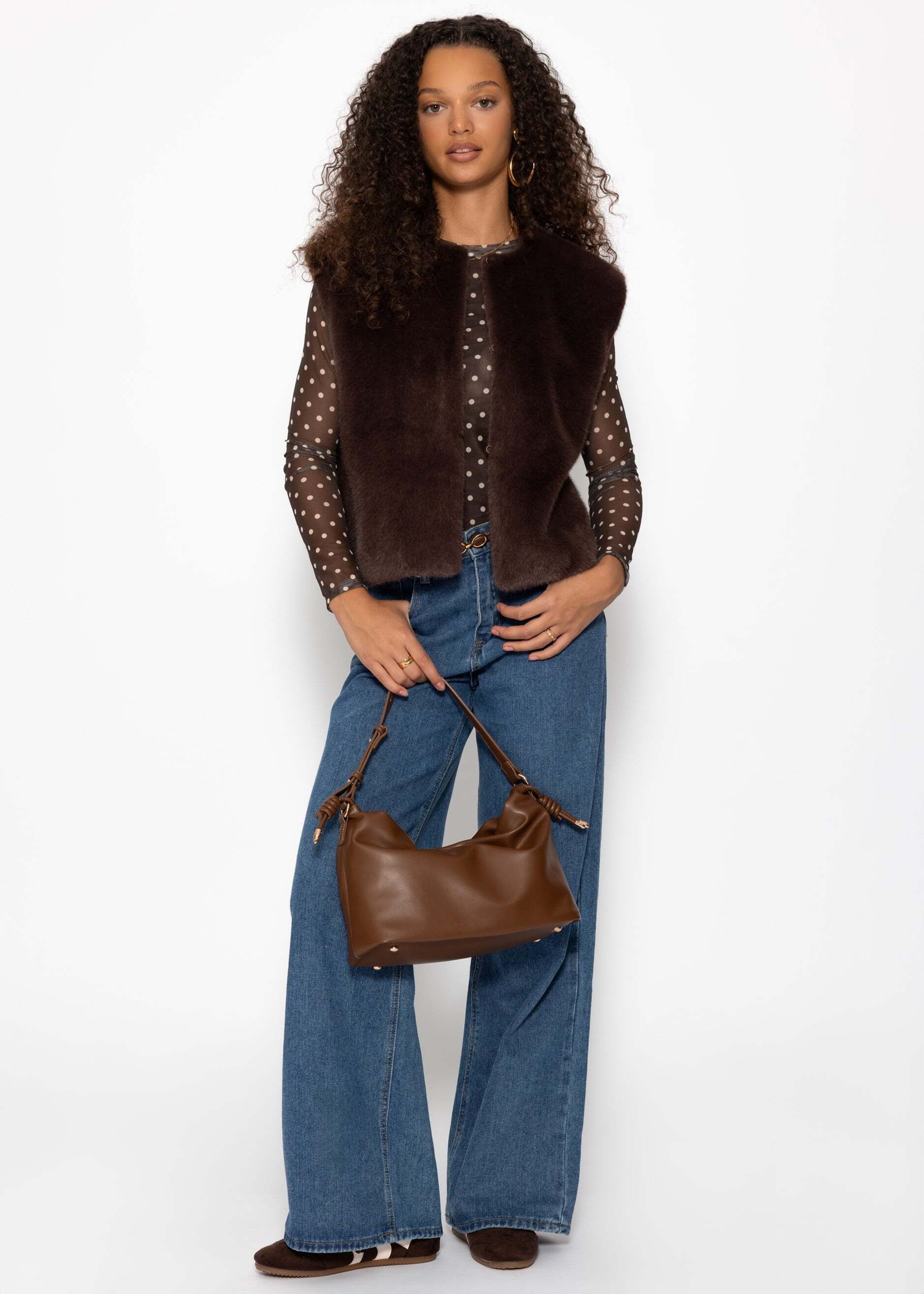 SASSYCLASSY Langarmshirt Mesh Langarmshirt mit Punkten für Damen Anliegendes Shirt aus Mesh mit gefütterter Vorderseite Beige Schwarz