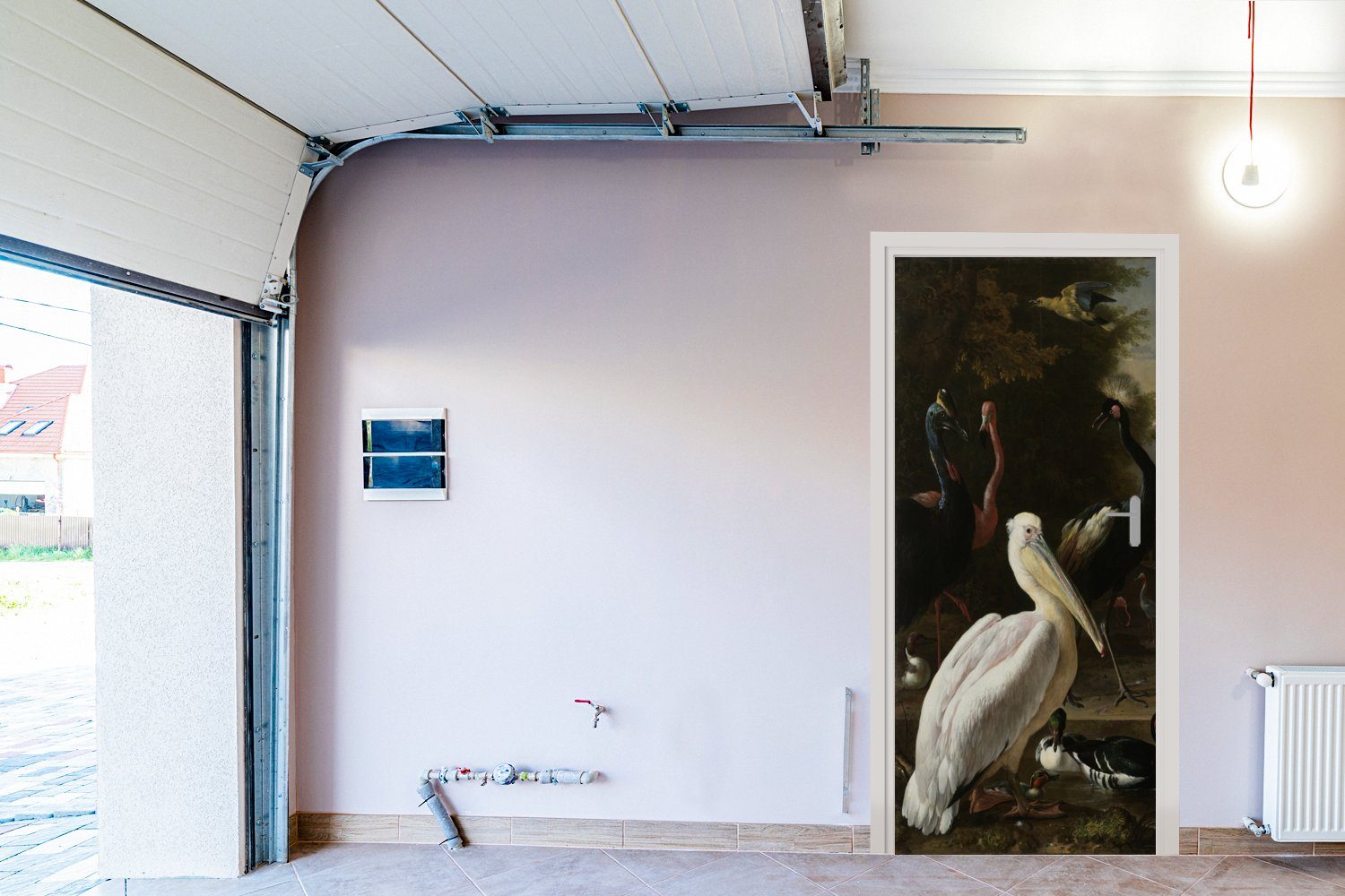 MuchoWow Türtapete Ein Pelikan Tür, - (1 75x205 bedruckt, Nähe Vögel cm der eines für Fototapete andere in und Gemälde, Matt, Wasserbeckens St), Türaufkleber