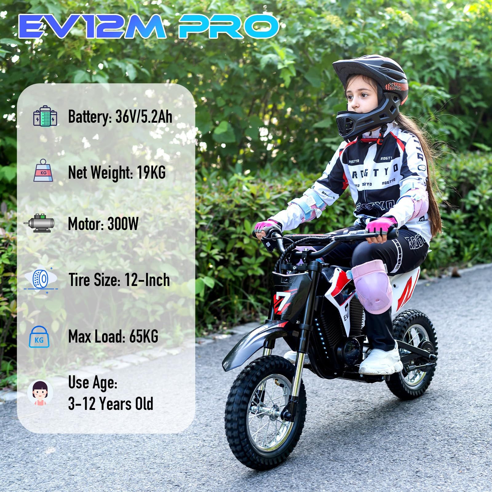 EVERCROSS TECH Elektro-Kindermotorrad EV12M, 8/12/25 KMH, 12 Zoll Luftreifen, 300W, 36V 5,2AH, 6-12 Jahre, Reichweite 15 km, Belastbarkeit 65 kg