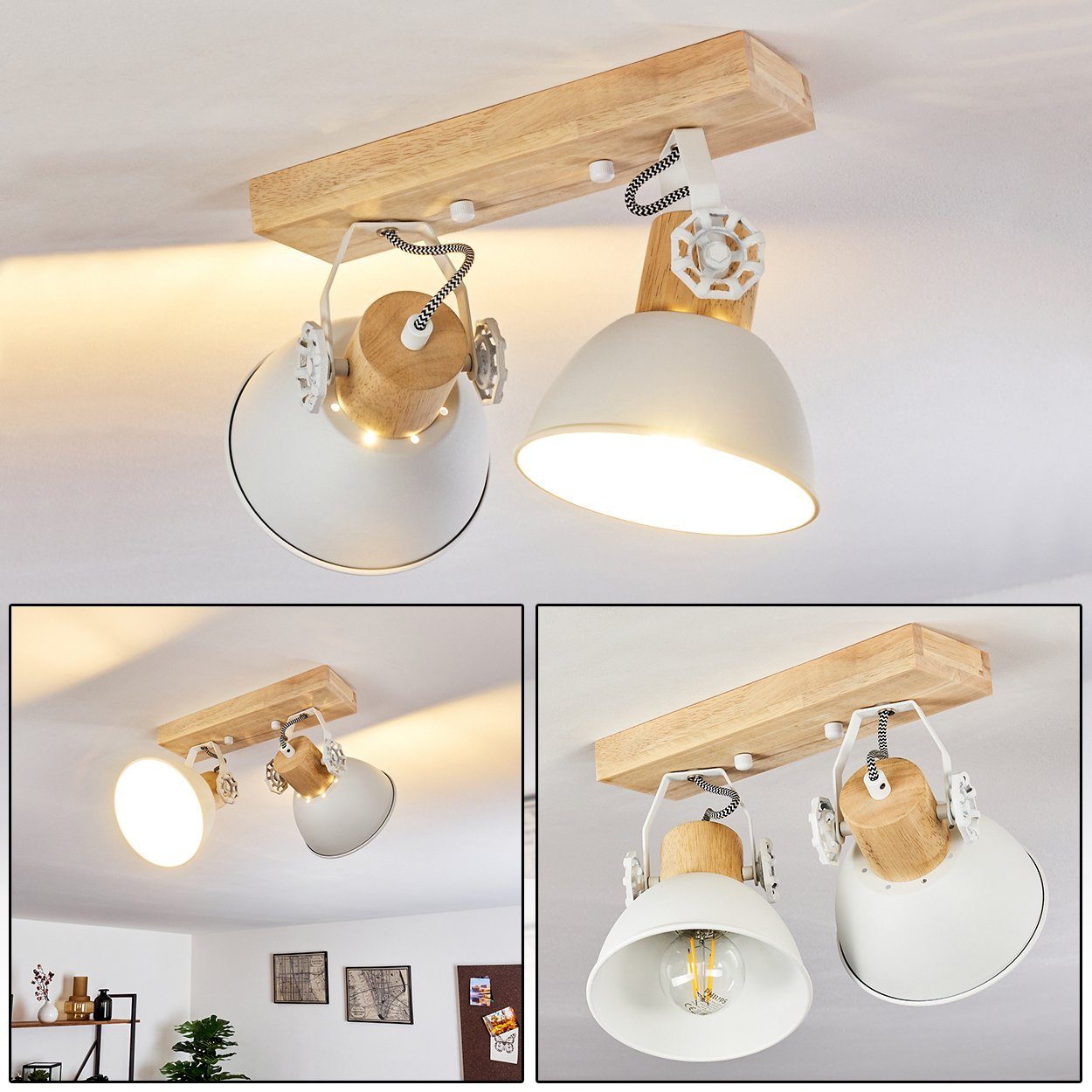 hofstein Deckenleuchte »Cotes« Deckenlampe aus Metall/Holz in weiß/braun, ohne Leuchtmittel, mit verstellbaren Strahlern, 2xE27, Spot im Retro/Vintage Design