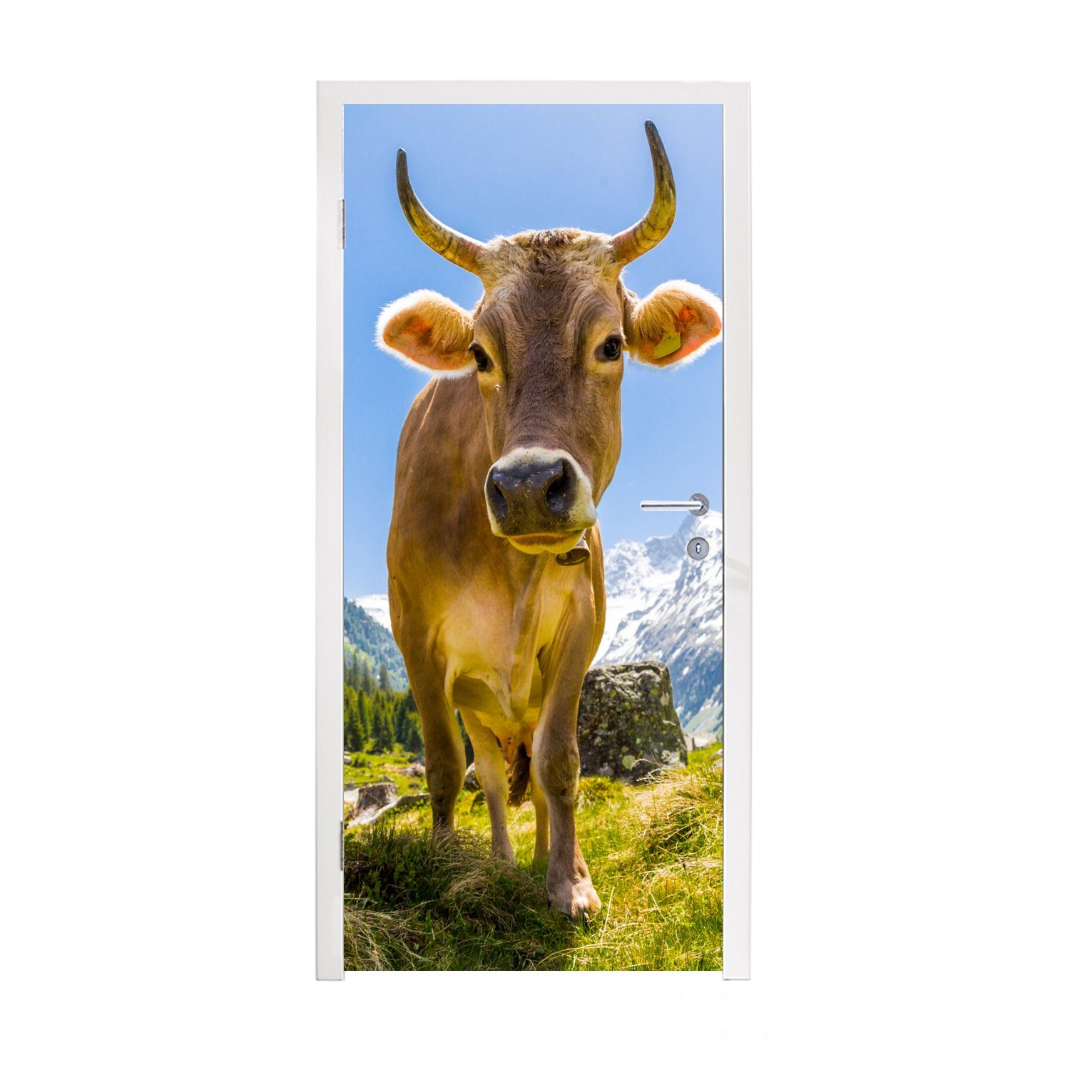 MuchoWow Türtapete Kühe - Sonne - Österreich, Matt, bedruckt, (1 St), Fototapete für Tür, Türaufkleber, 75x205 cm