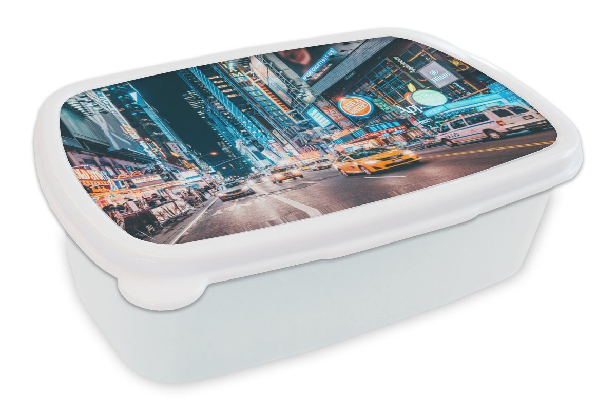 MuchoWow Lunchbox New York - Taxi - Times Square, Kunststoff, (2-tlg), Brotbox für Kinder und Erwachsene, Brotdose, für Jungs und Mädchen weiß