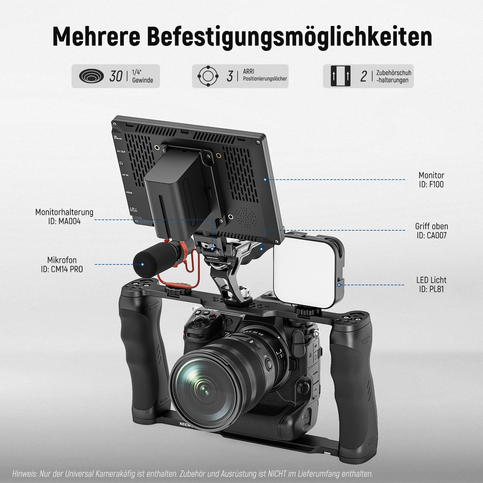 Neewer Kamerahalterung CA016 Videokamera Käfig Rig, mit Arca Basis, Doppelgriffen, (Packung, 3/8" ARRI Aufnahme 1/4" Gewinde, Kaltschuh, Stabilisator für DSLR/DSLM)