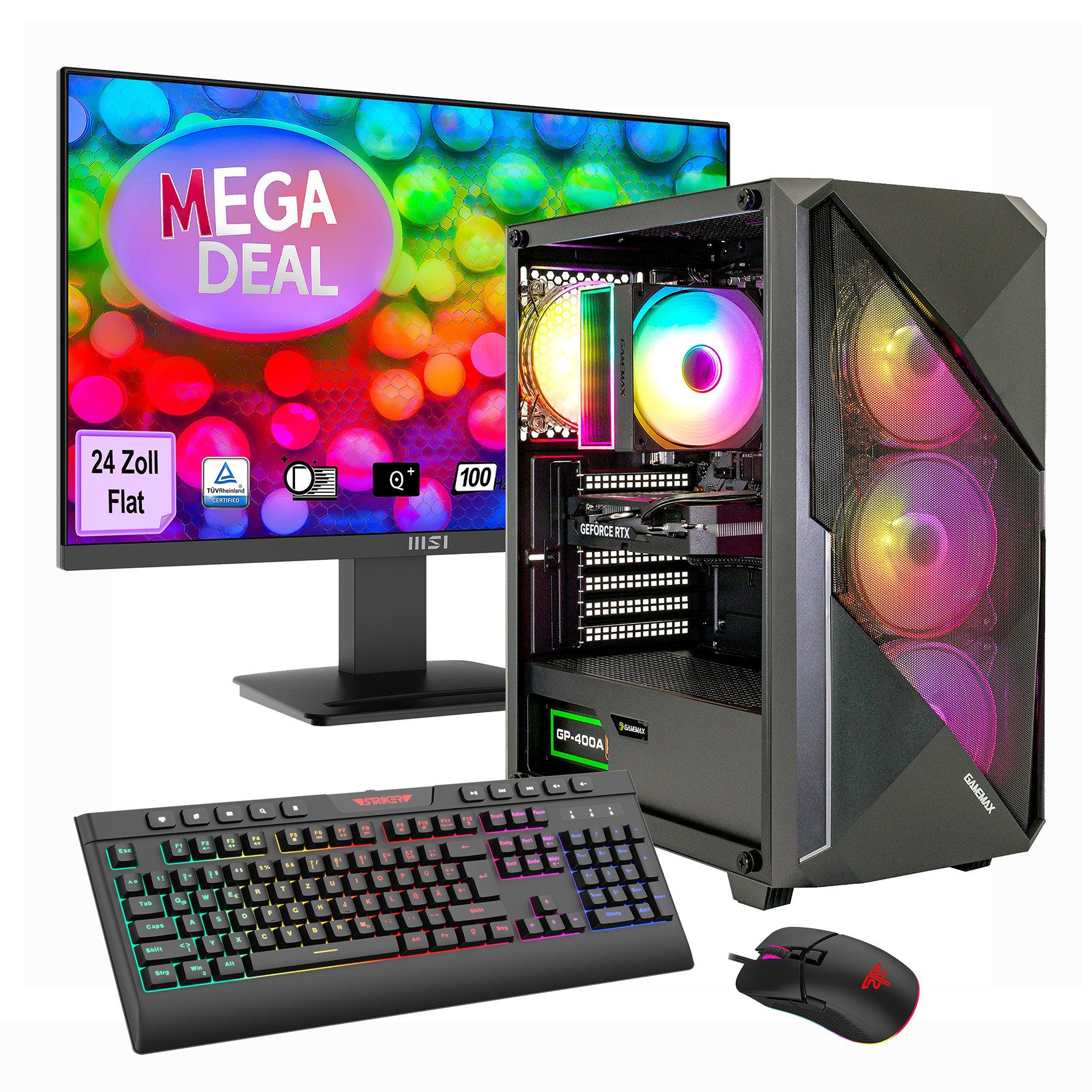 GAMEMAX MegaDeal Striker 2748 AMD Ryzen 5 5500 16GB 480GB SSD RTX 5050 Gaming-PC-Komplettsystem (24", AMD Ryzen 5 5500, RTX 5050, 16 GB RAM, 480 GB SSD, Windows 11 + MSI PRO MP2412 Monitor 60cm (24)