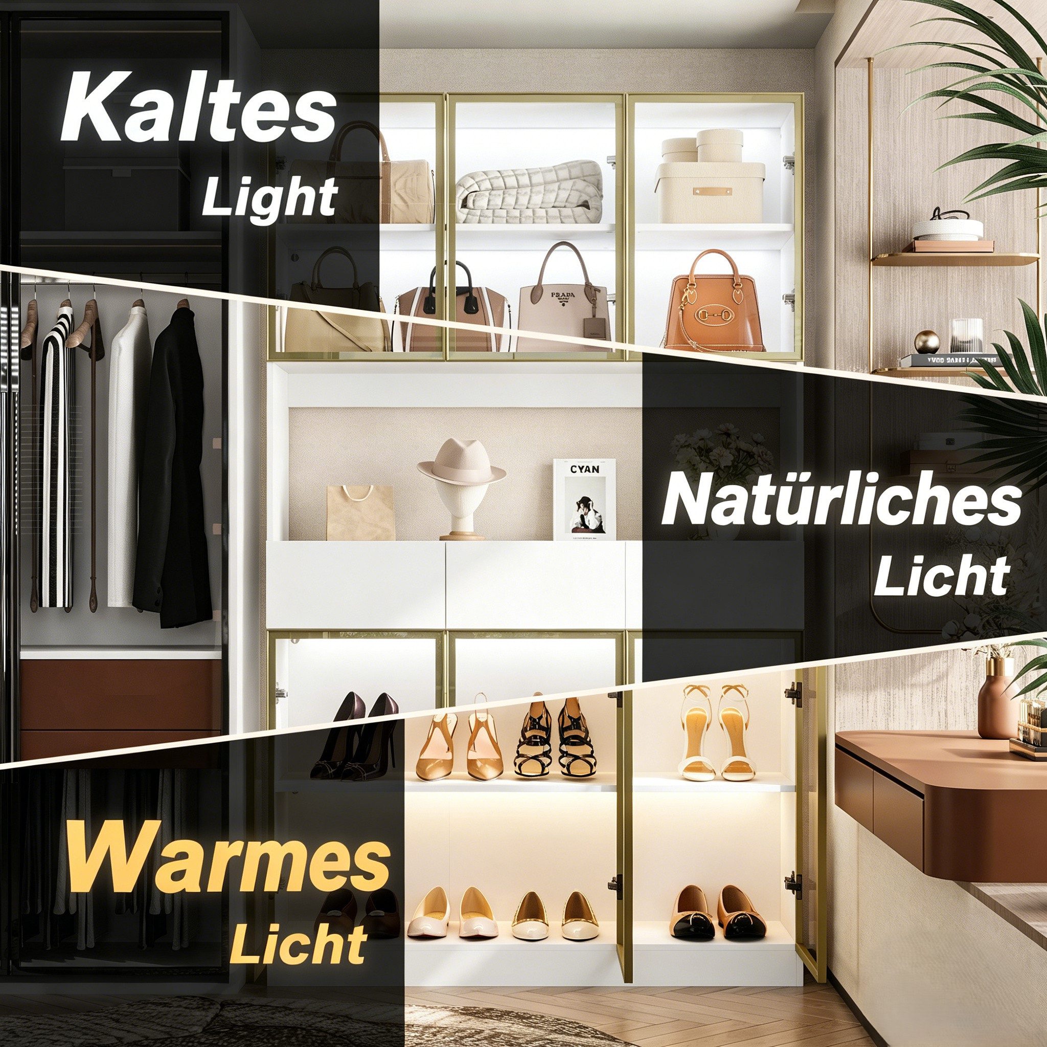 FUFU&GAGA Glasvitrine LED Sammlervitrine 175-200cm hoch, Push-to-Open, Weiß/Schwarz – Bild 4 von 5