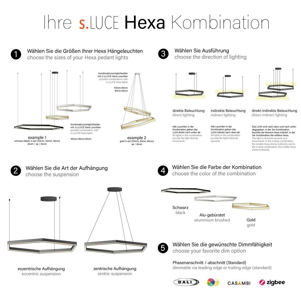 Licht Hexa Phasenanschnitt/-abschnitt Warmweiß Pendelleuchte mit Indirektes Alu-Gebürstet, s.luce - oder 2-flammig Hänge-Kombination Dimmbar LED 3-flammig (Dimmschalter),