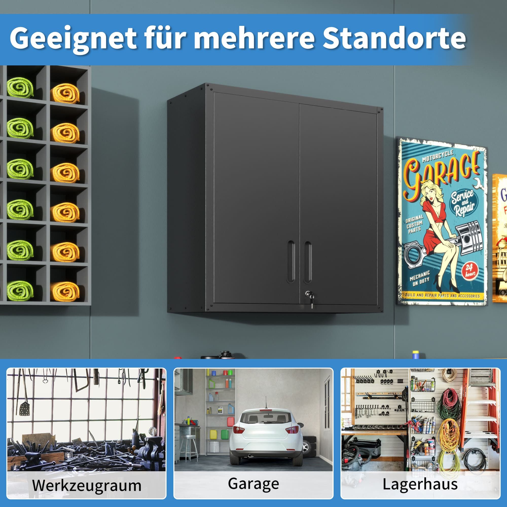 bizoemade Wandhängeschrank Werkzeugschrank mit 2 Türen, verstellbare Regale,77×75×30cm