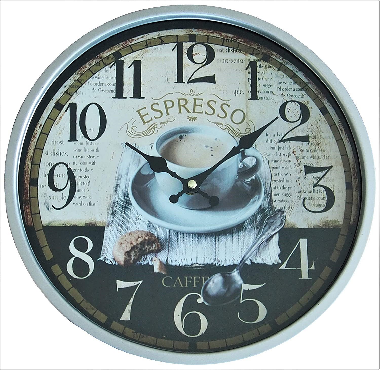 PERLA pd DESIGN Wanduhr Vintage Wanduhr 30 cm Retro Küchenuhr mit Espresso Motiv Quarzuhr (Espresso Motiv, große Zahlen, Retro Design, Quarzwerk)