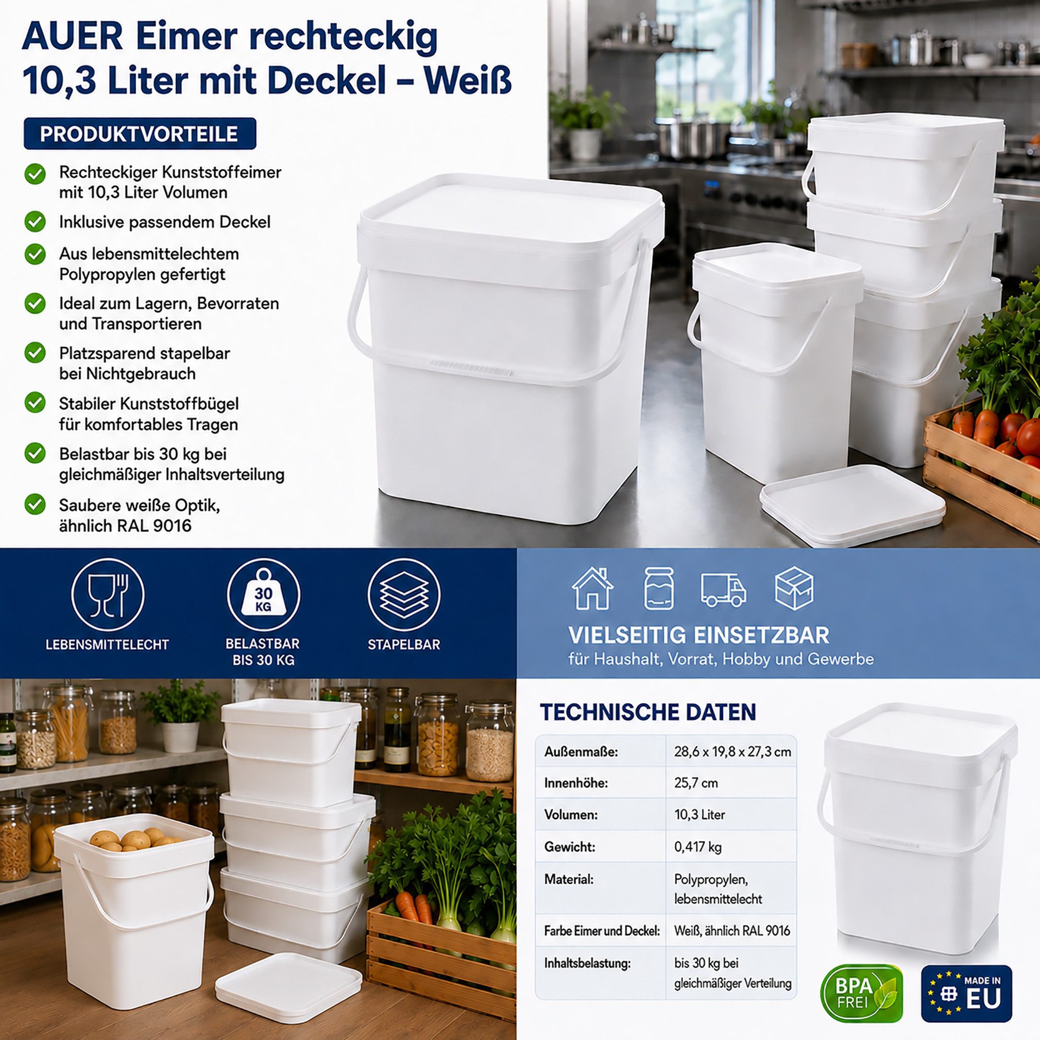 AUER Packaging GmbH Frischhaltedose AUER 10,3 Liter Eimer rechteckig mit Deckel 29 x 20 x 27 cm Weiß, Polypropylen, (1-tlg), lebensmittelecht