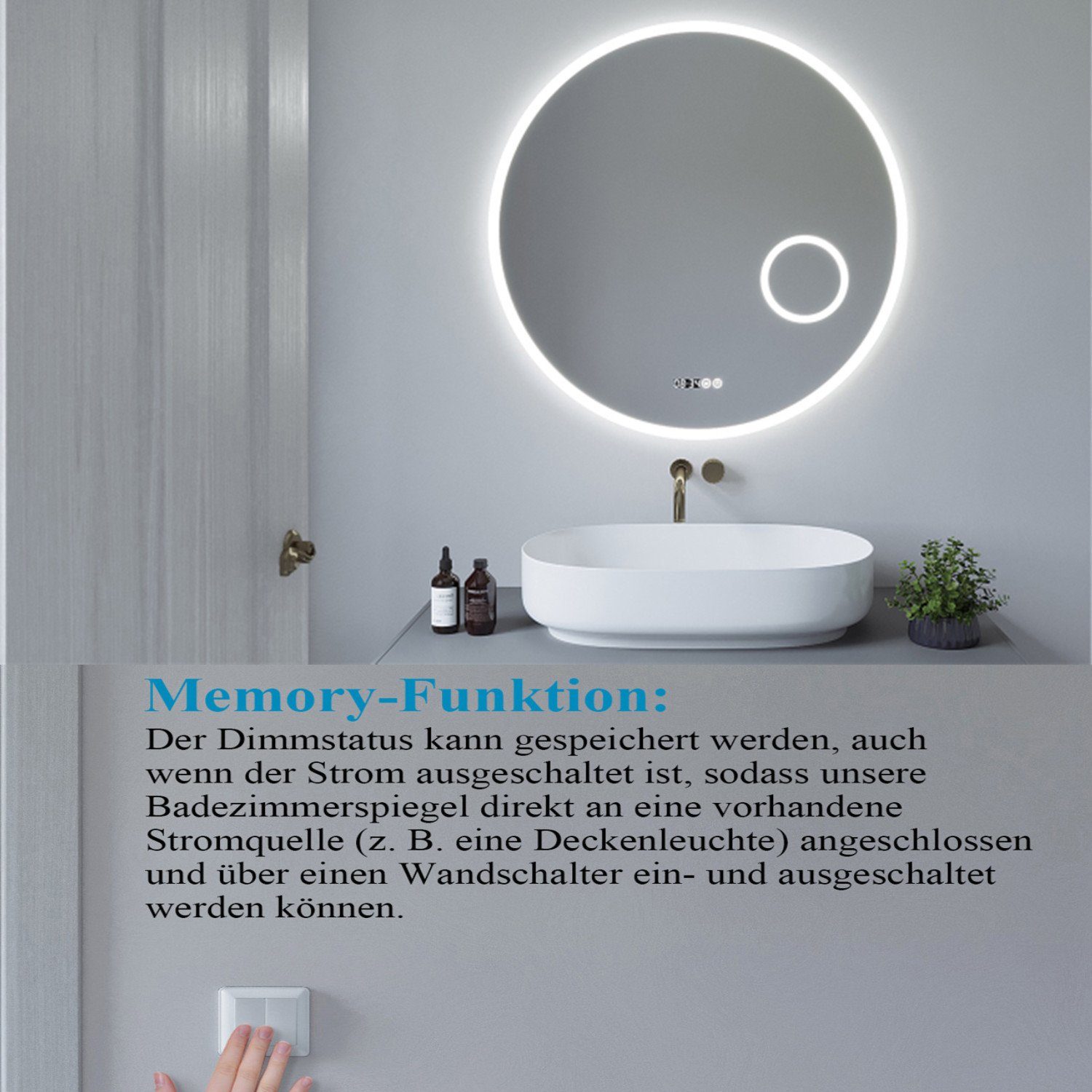 Badspiegel LED LED mit Vergrößerung AQUALAVOS Rund Badspiegel Wandspiegel Kaltweiß Beleuchtung, 80 mit 3-Fach 6400K und Kosmetikspiegel Digitaluhr cm Φ