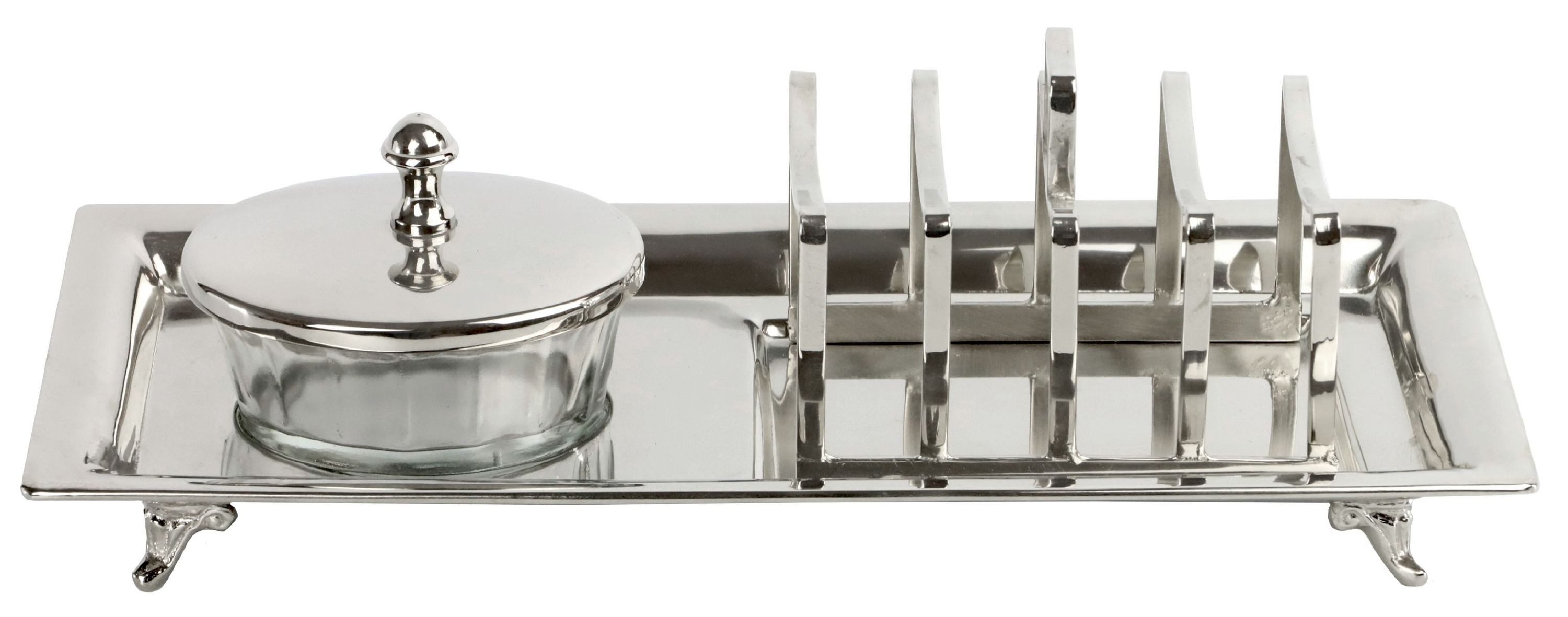 FURNARO Servier-Set, Edelstahl vernickelt, Glas, (3-tlg), Inklusive Glastiegel mit Deckel und Toastständer aus Glas und Eisen