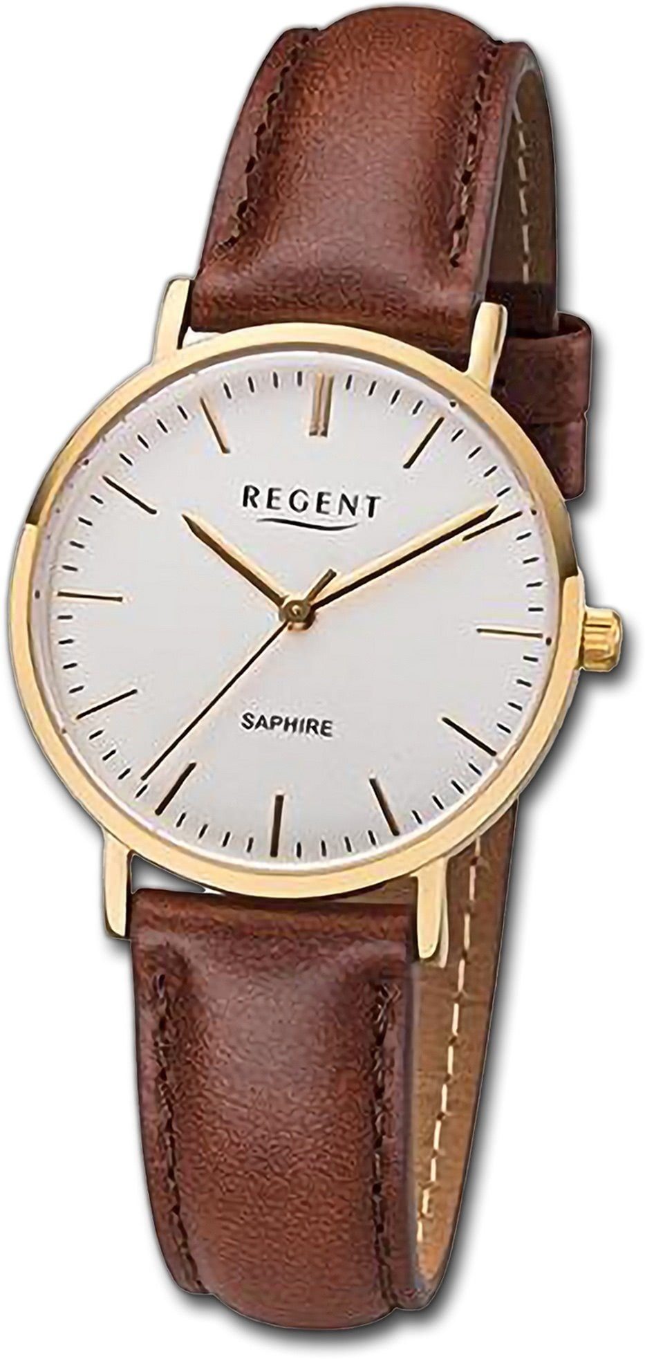 Regent Quarzuhr Regent Damen Armbanduhr Analog, Damenuhr Lederarmband braun, rundes Gehäuse, extra groß (ca. 32mm)