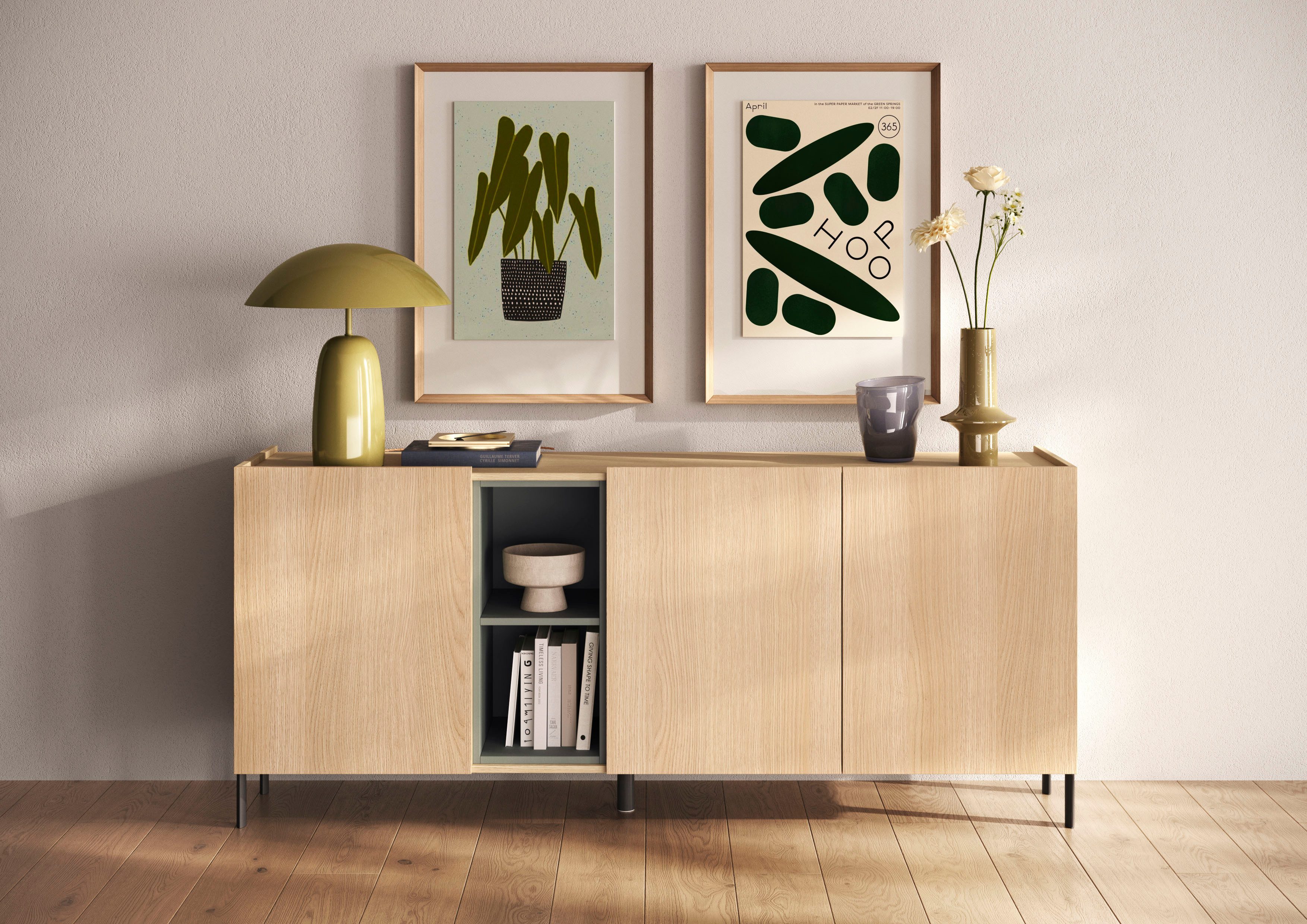 OTTO home Sideboard Badia, 182 cm breit, 3 Türen, Anrichte, Kommode, Stauraumschrank, Innenliegendes Top, gerade Metallfüße, salbeigrüne Farbakzente