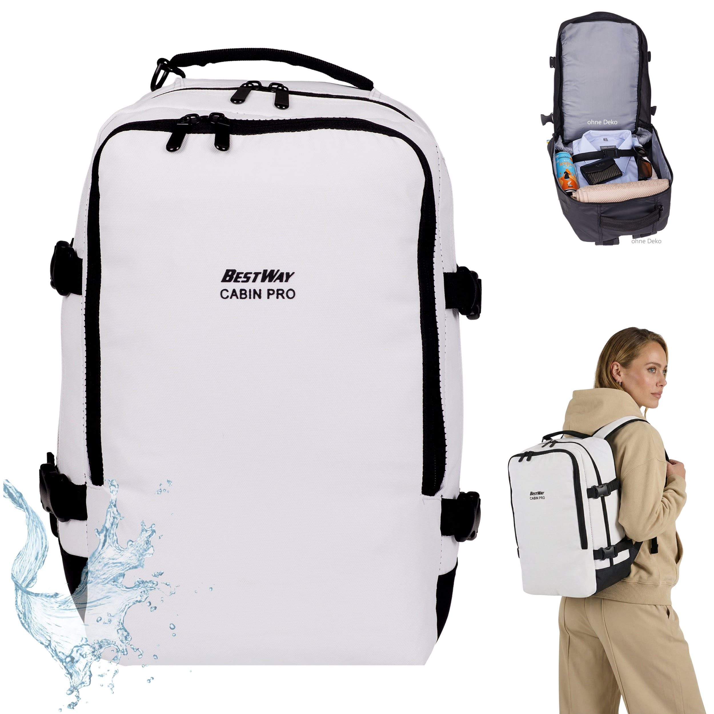 BestWay Bags Reiserucksack Handgepäck Rucksack für Ryanair aus Plane, Cabin Pro Flugzeug Kabinenrucksack Laptoprucksack 40350 + Koffergurt